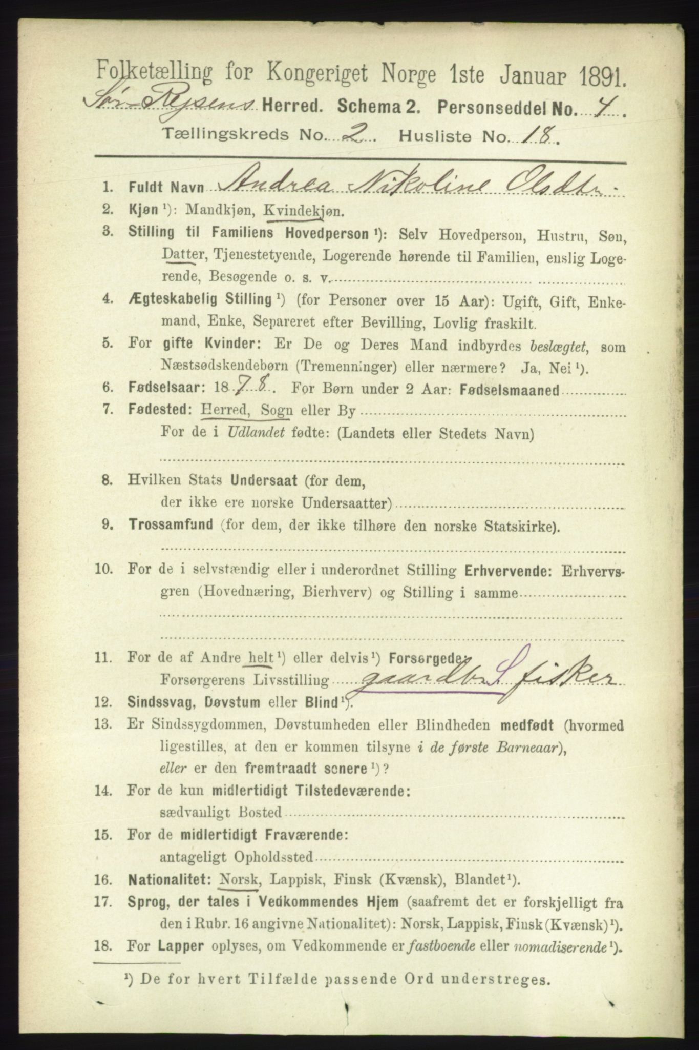 RA, 1891 census for 1925 Sørreisa, 1891, p. 469