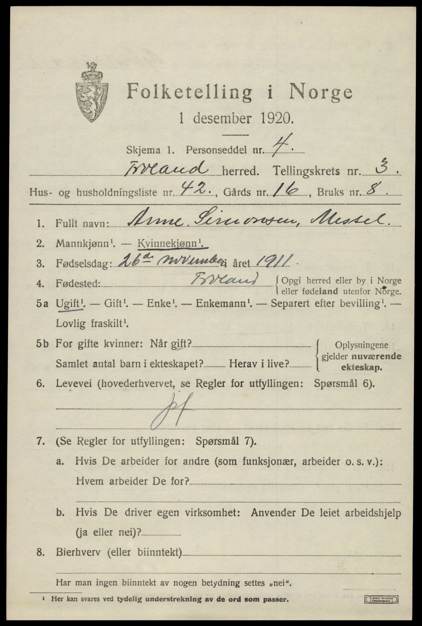 SAK, 1920 census for Froland, 1920, p. 3137