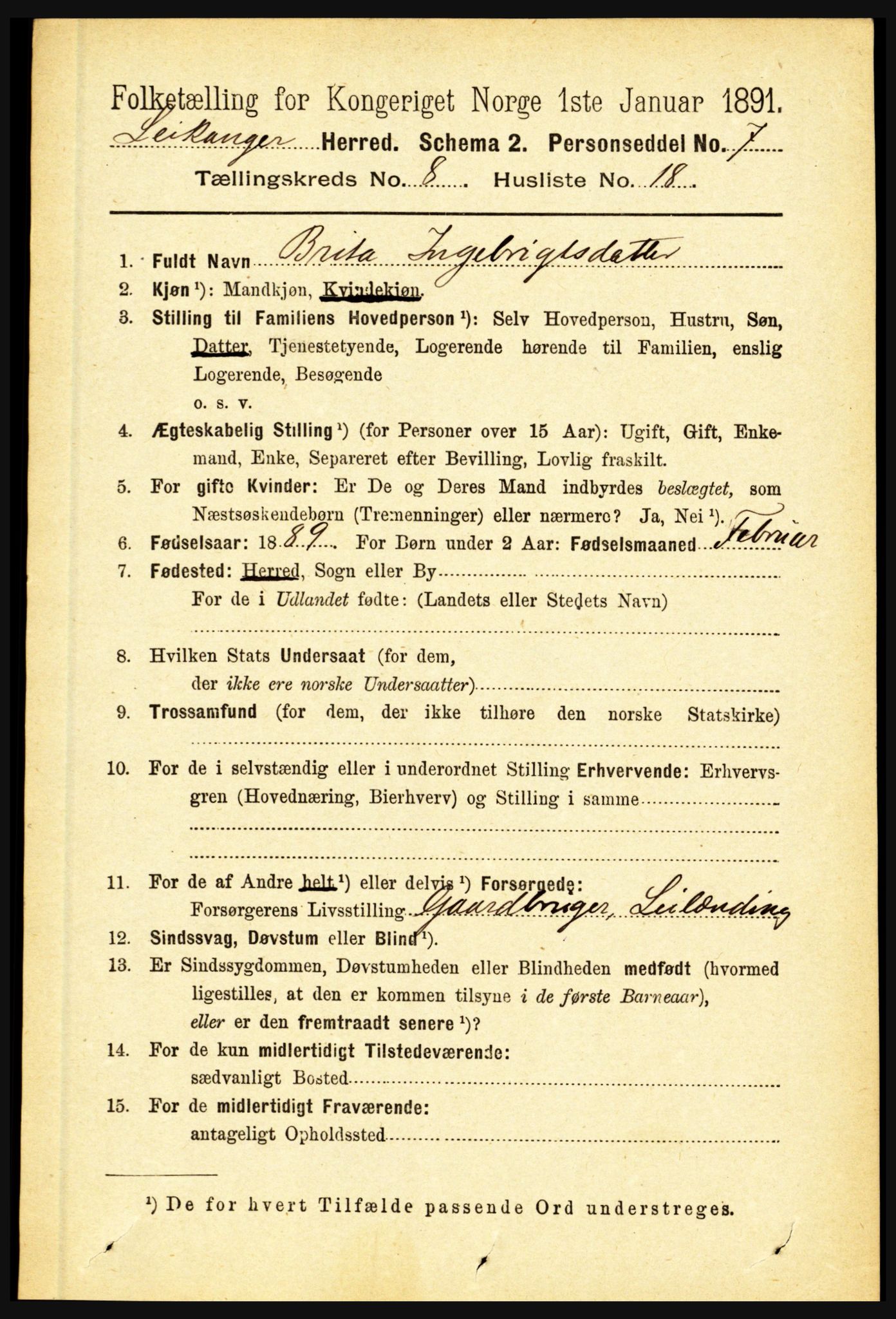 RA, 1891 census for 1419 Leikanger, 1891, p. 1731