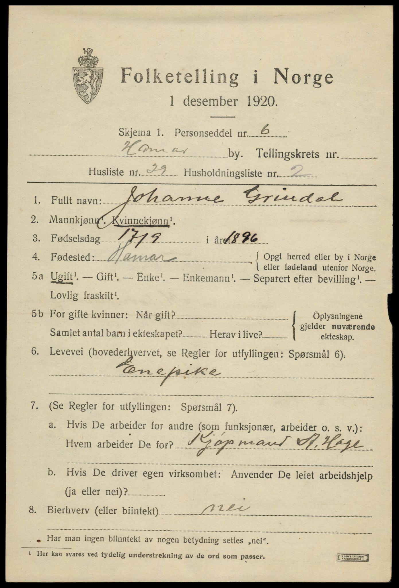 SAH, 1920 census for Hamar, 1920, p. 9253