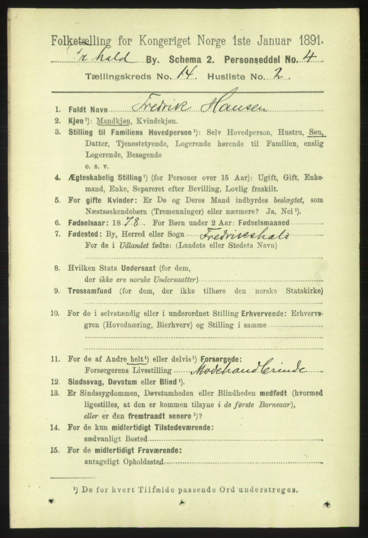 RA, 1891 census for 0101 Fredrikshald, 1891, p. 9023