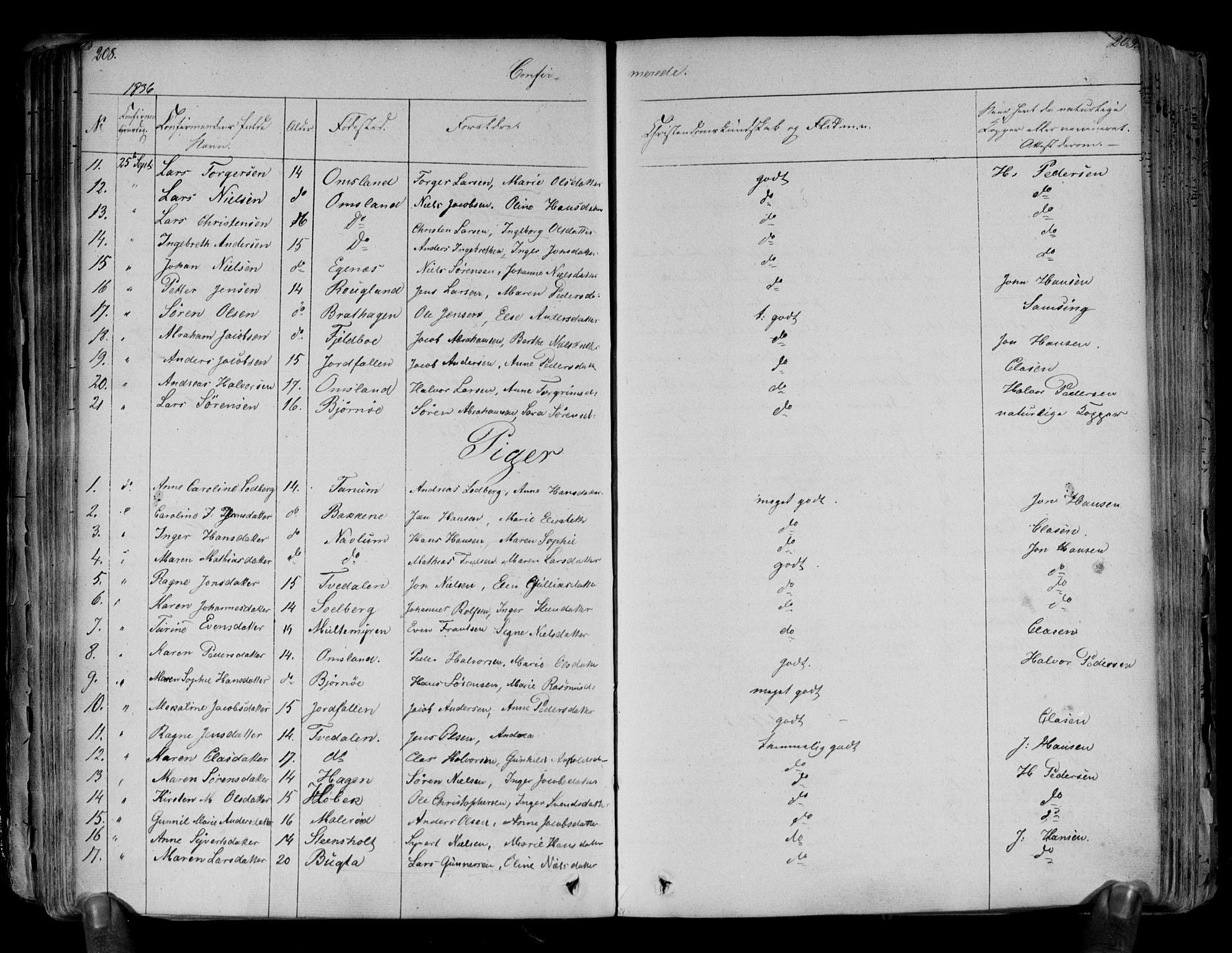 Brunlanes kirkebøker, AV/SAKO-A-342/F/Fa/L0003: Parish register (official) no. I 3, 1834-1845, p. 208-209