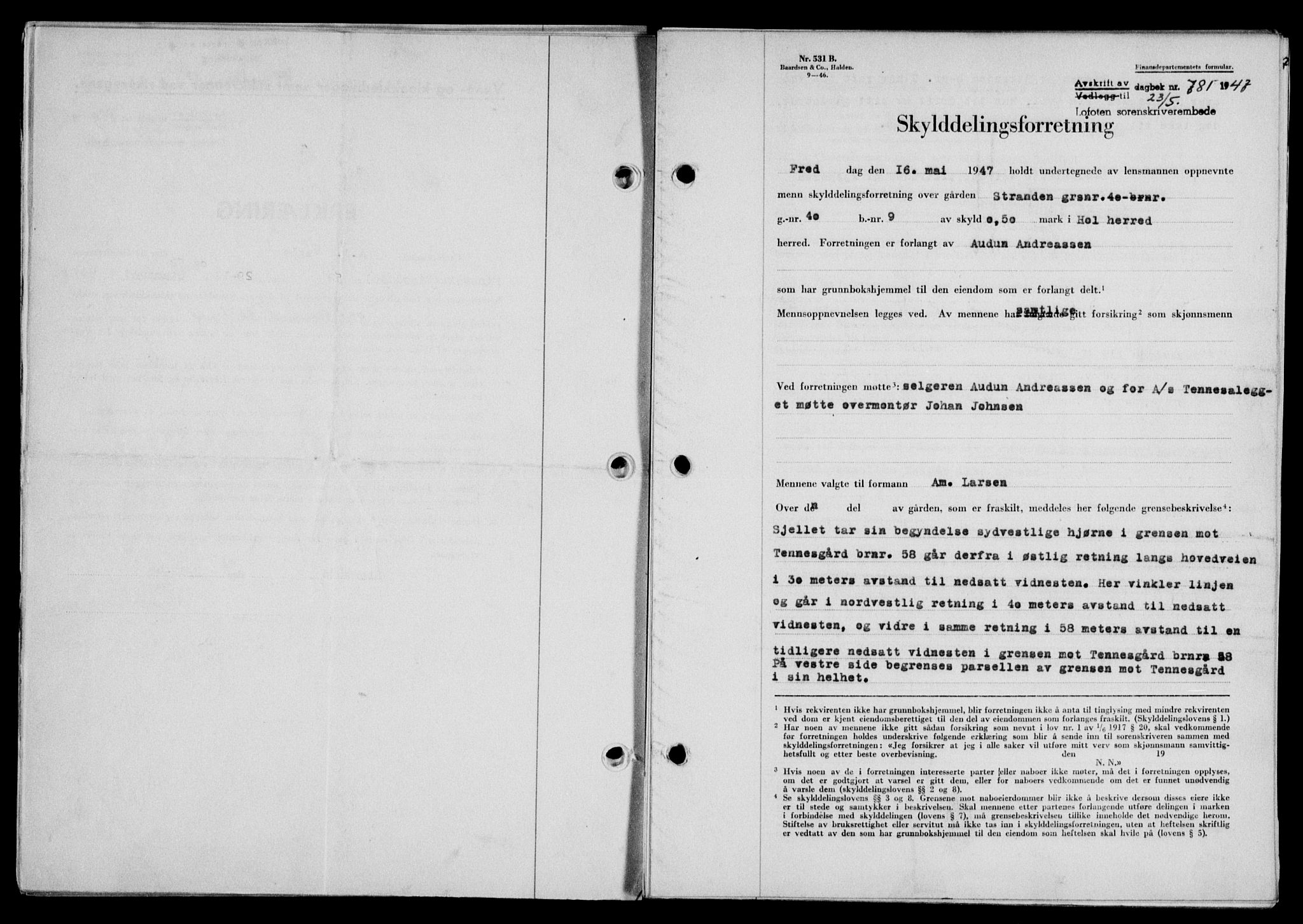 Lofoten sorenskriveri, SAT/A-0017/1/2/2C/L0016a: Mortgage book no. 16a, 1947-1947, Diary no: : 781/1947