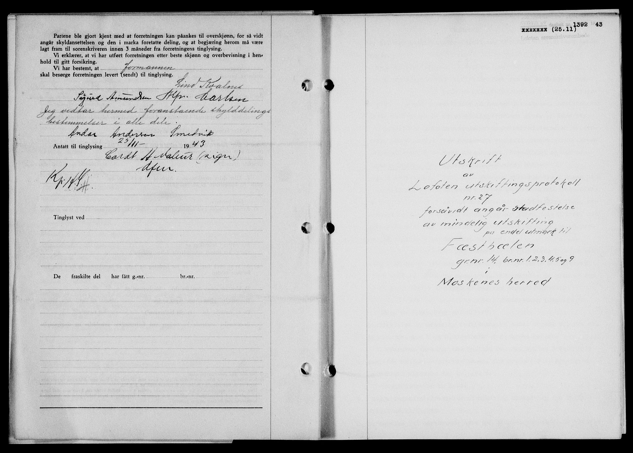 Lofoten sorenskriveri, SAT/A-0017/1/2/2C/L0011a: Mortgage book no. 11a, 1943-1943, Diary no: : 1392/1943