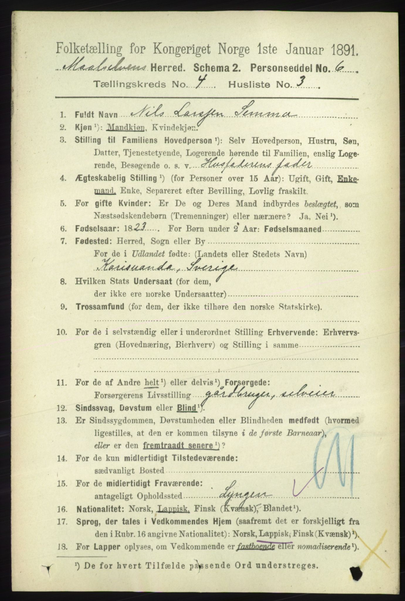 RA, 1891 census for 1924 Målselv, 1891, p. 1100