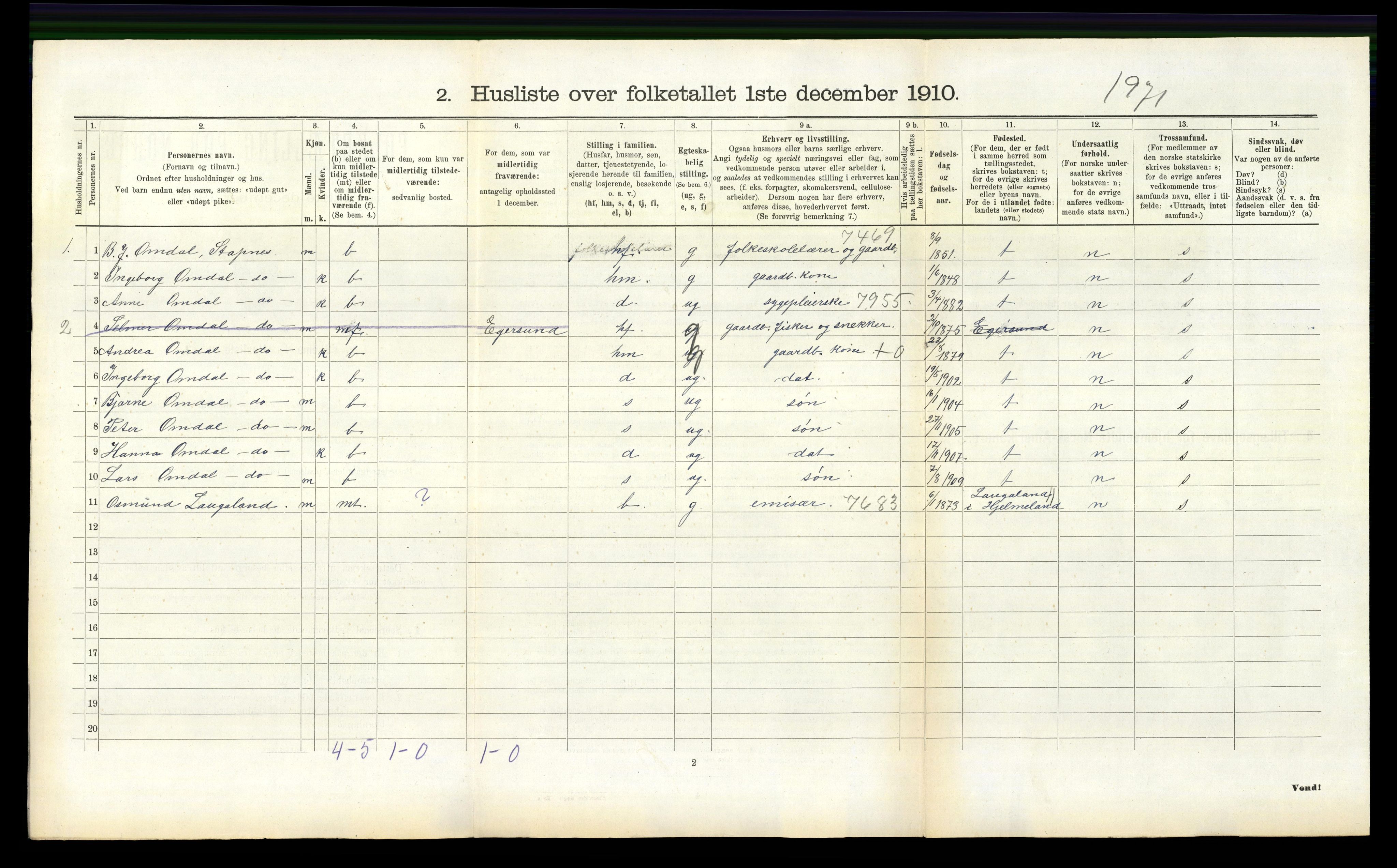 RA, 1910 census for Eigersund, 1910, p. 653