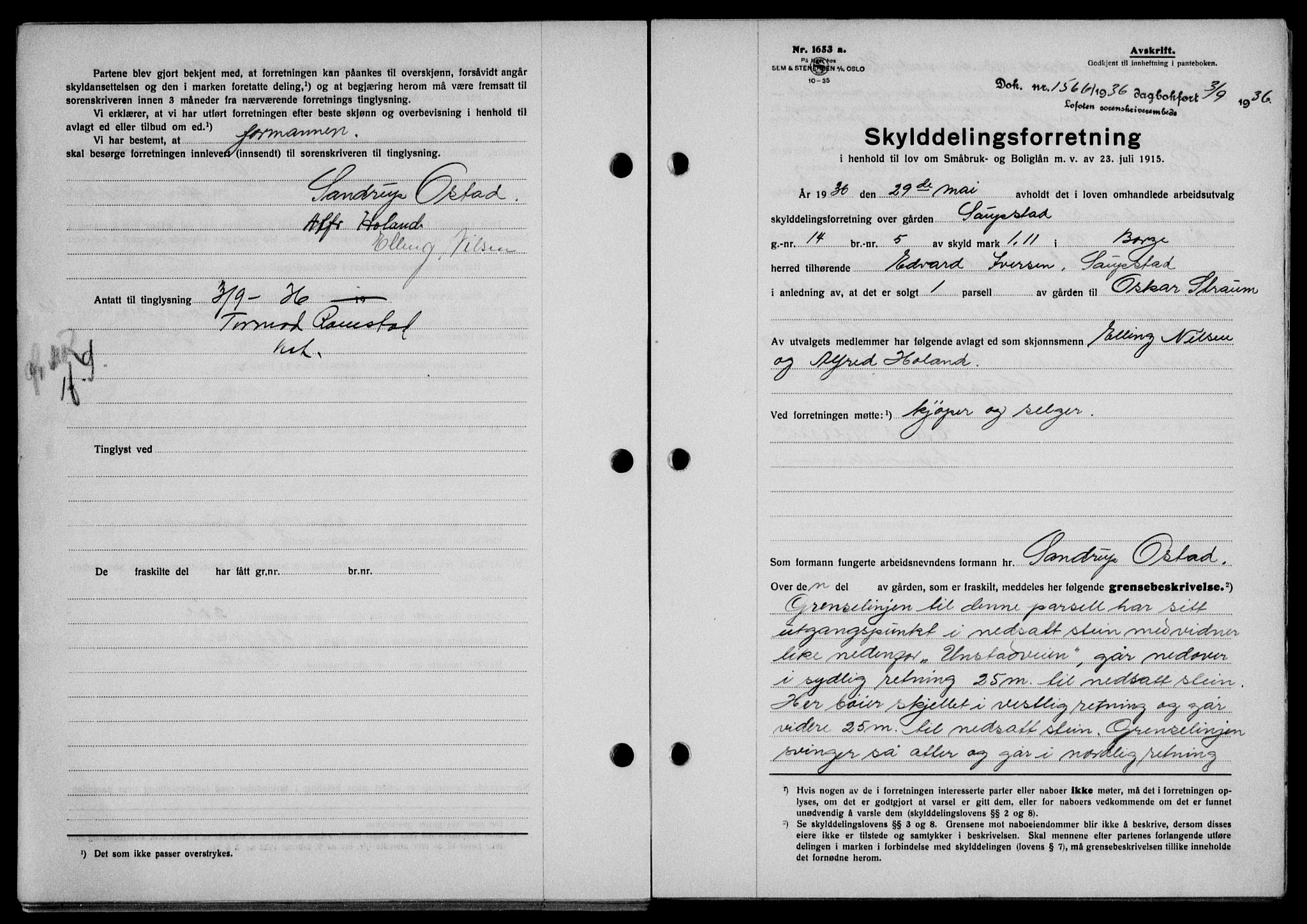 Lofoten sorenskriveri, SAT/A-0017/1/2/2C/L0001a: Mortgage book no. 1a, 1936-1937, Diary no: : 1566/1936