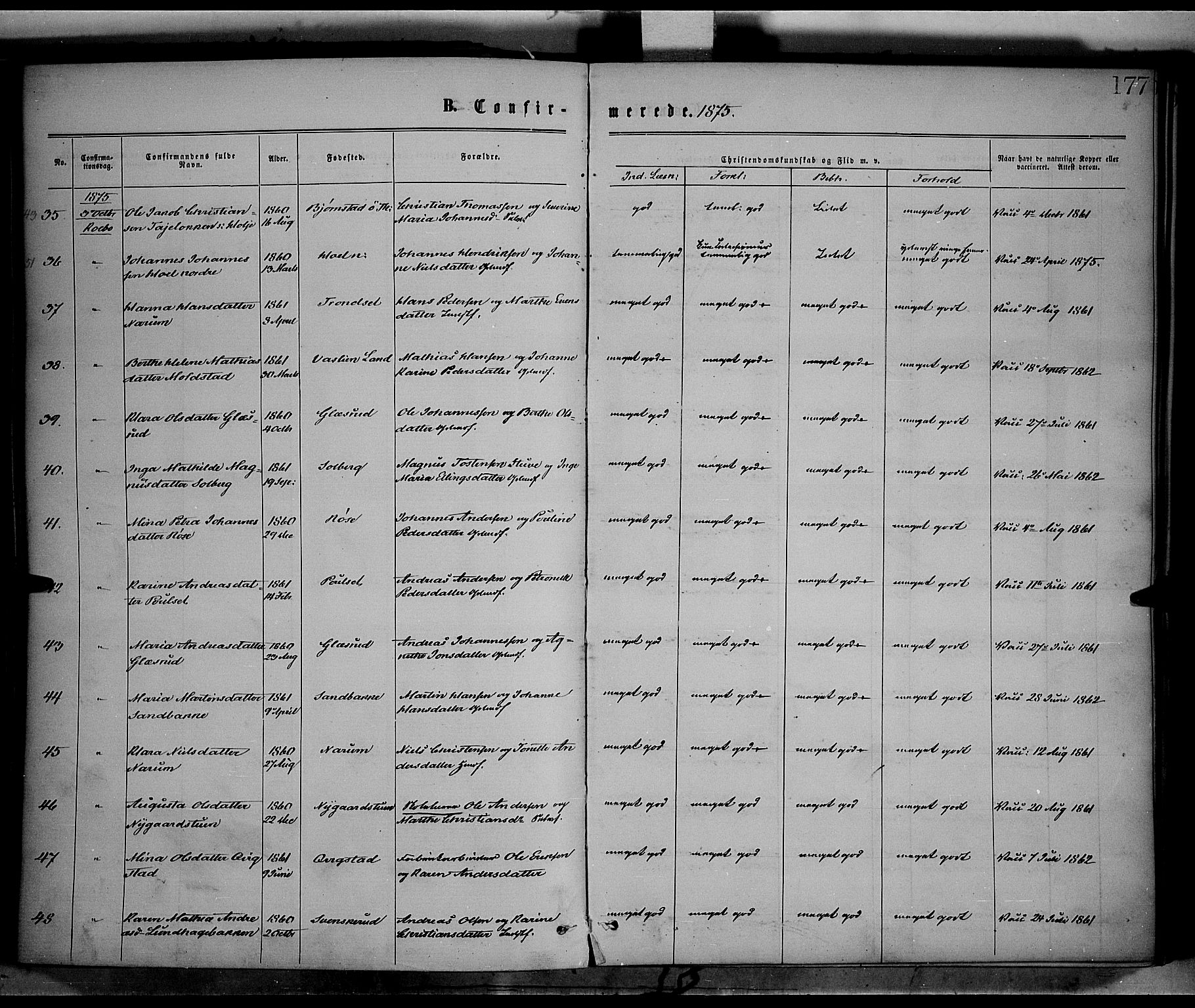 Vestre Toten prestekontor, AV/SAH-PREST-108/H/Ha/Haa/L0008: Parish register (official) no. 8, 1870-1877, p. 177