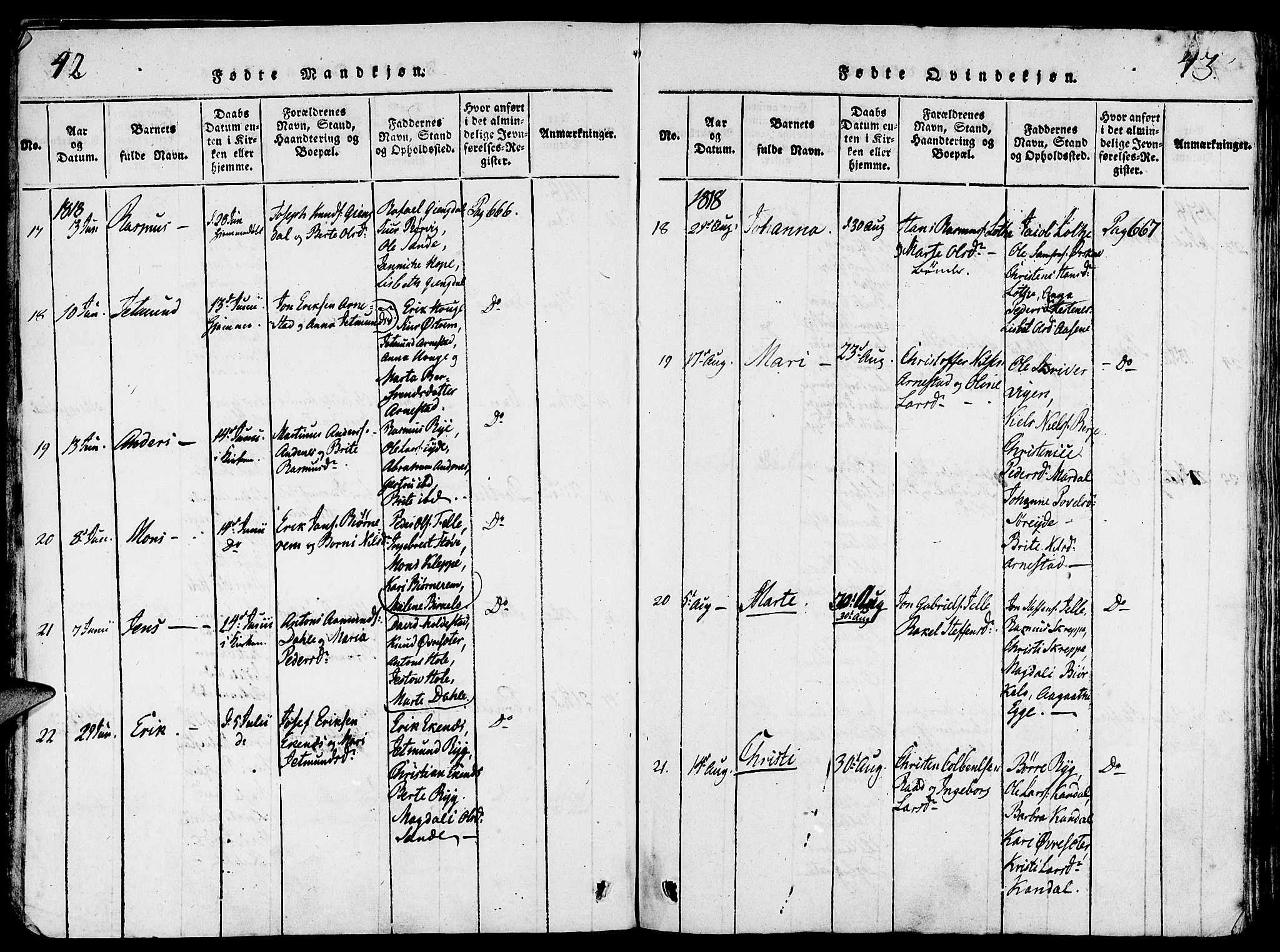 Gloppen sokneprestembete, SAB/A-80101/H/Haa/Haaa/L0006: Parish register (official) no. A 6, 1816-1826, p. 42-43