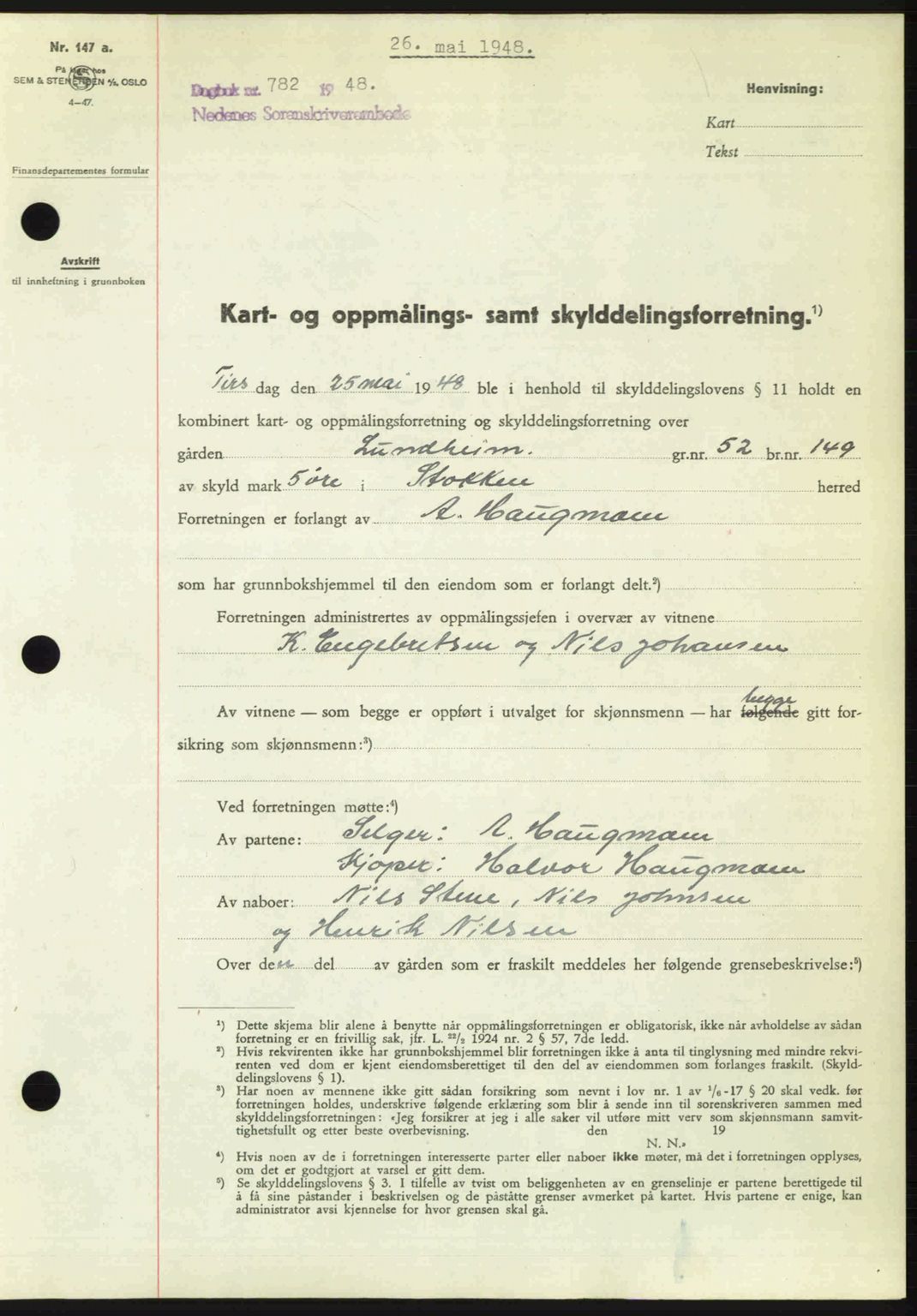 Nedenes sorenskriveri, SAK/1221-0006/G/Gb/Gba/L0059: Mortgage book no. A11, 1948-1948, Diary no: : 782/1948
