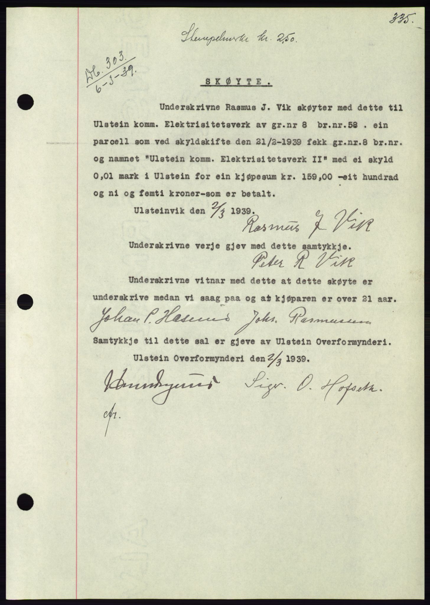 Søre Sunnmøre sorenskriveri, AV/SAT-A-4122/1/2/2C/L0067: Mortgage book no. 61, 1938-1939, Diary no: : 303/1939