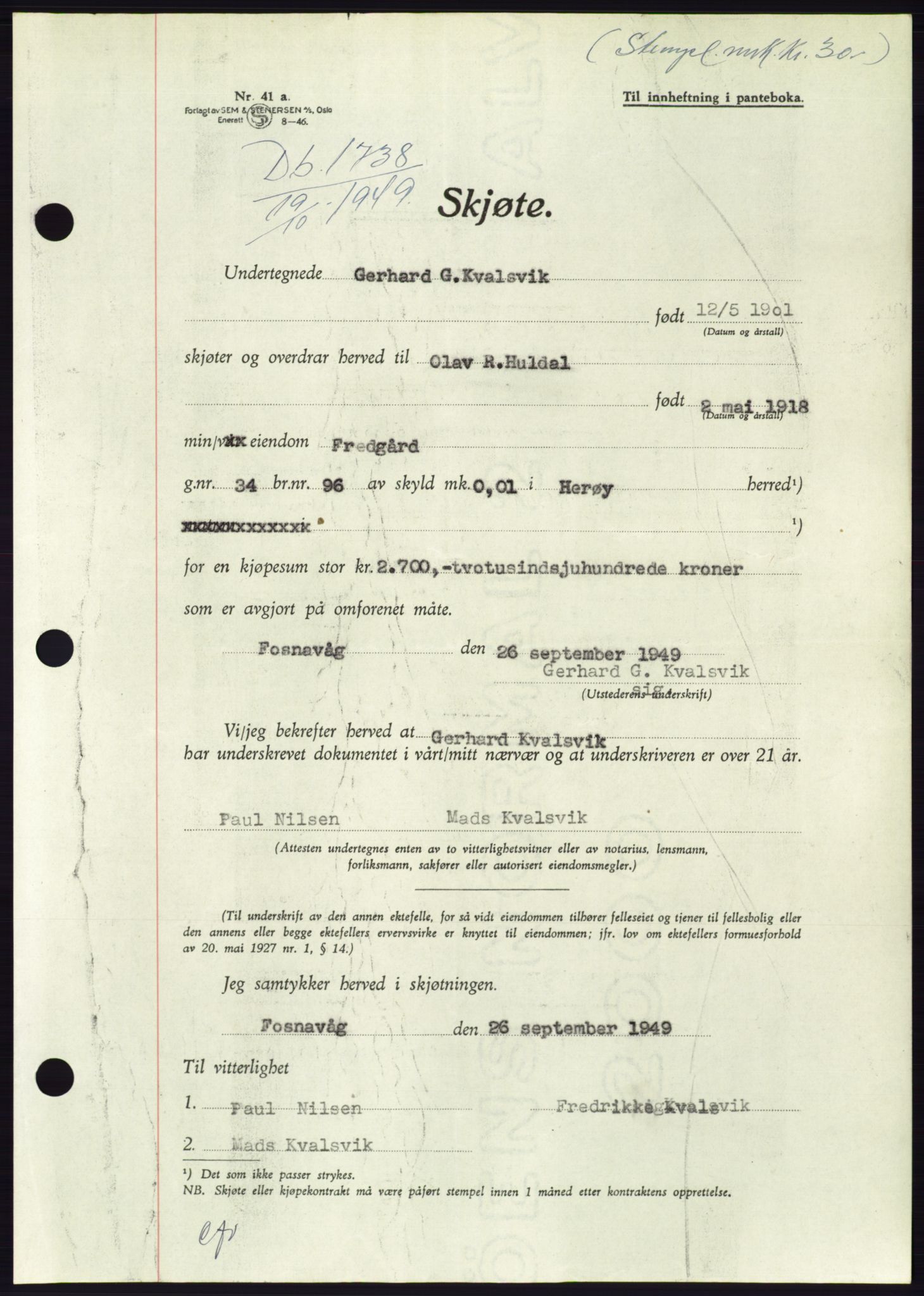 Søre Sunnmøre sorenskriveri, AV/SAT-A-4122/1/2/2C/L0085: Mortgage book no. 11A, 1949-1949, Diary no: : 1738/1949