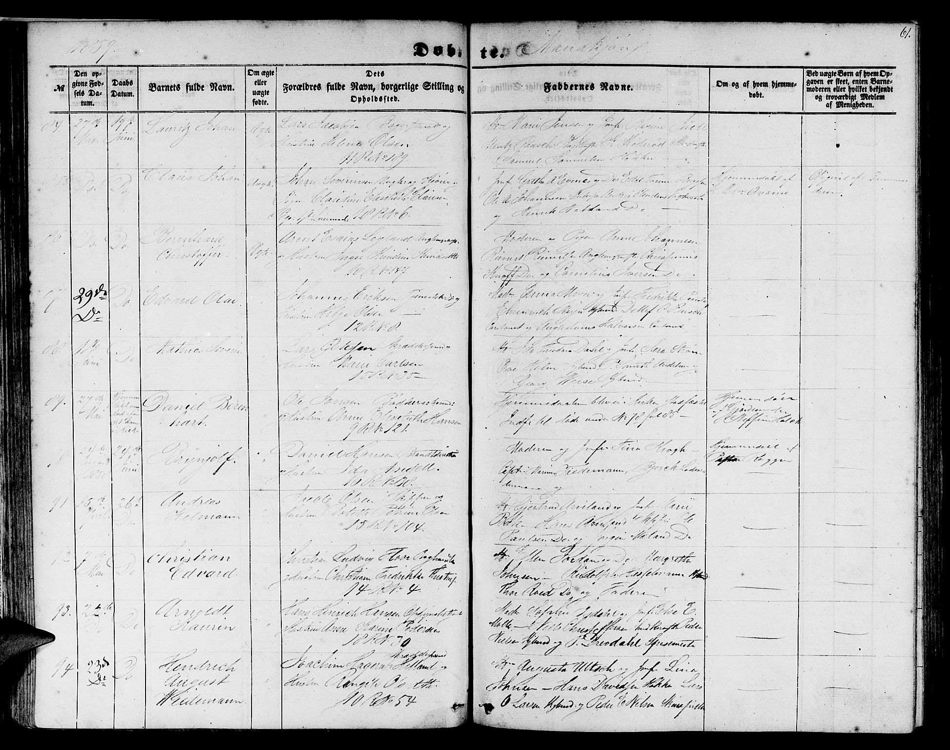 Domkirken sokneprestembete, AV/SAB-A-74801/H/Hab/L0011: Parish register (copy) no. B 4, 1856-1862, p. 61