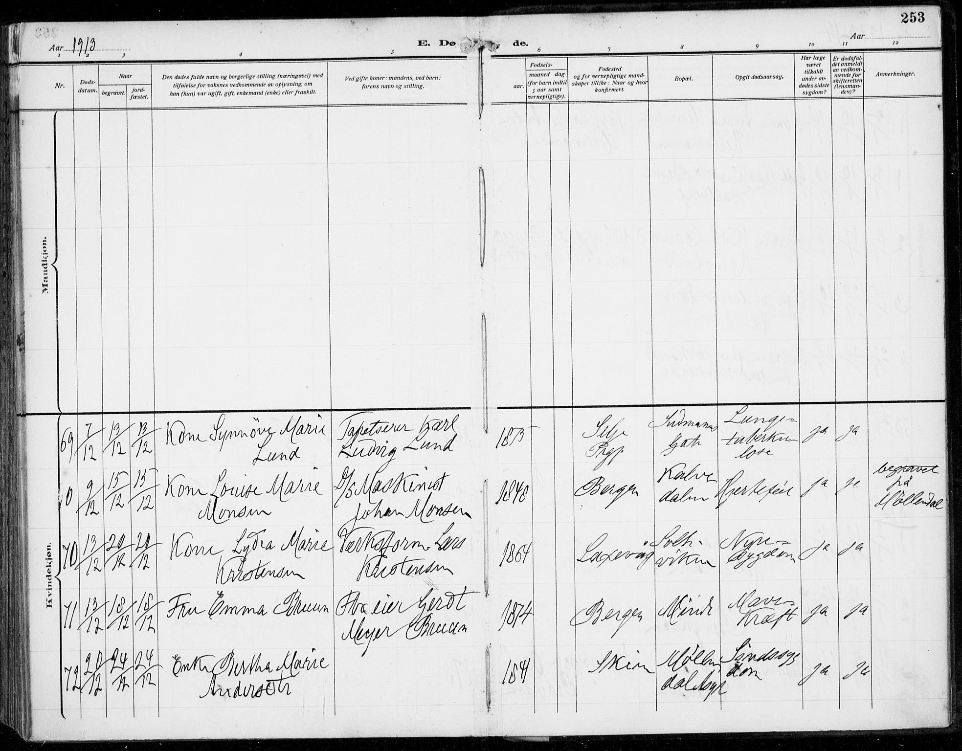 Årstad Sokneprestembete, AV/SAB-A-79301/H/Haa/L0009: Parish register (official) no. C 1, 1902-1918, p. 253