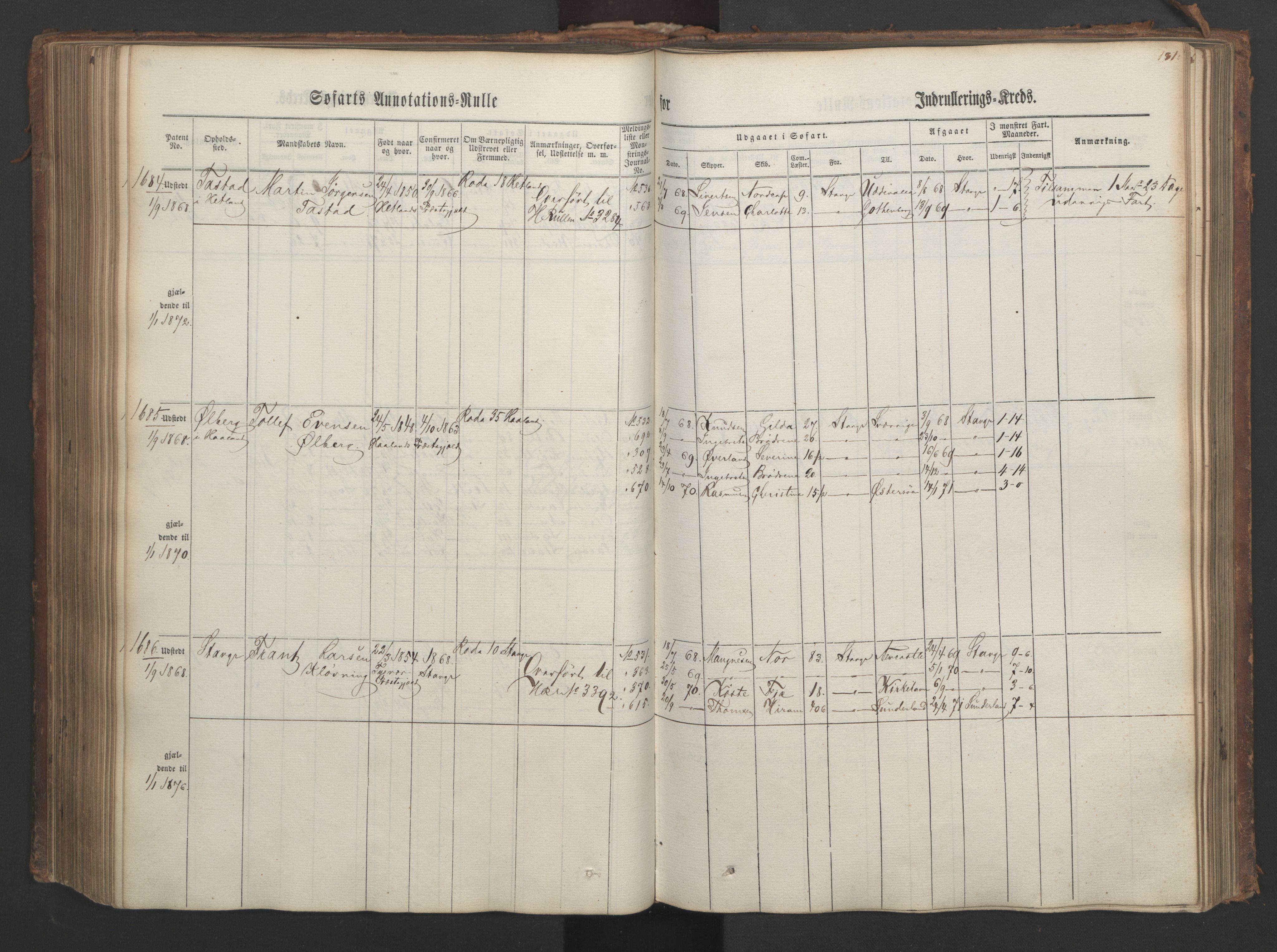 Stavanger sjømannskontor, AV/SAST-A-102006/F/Ff/L0003: Annotasjonsrulle, patentnr. 1144-1761, 1866, p. 218