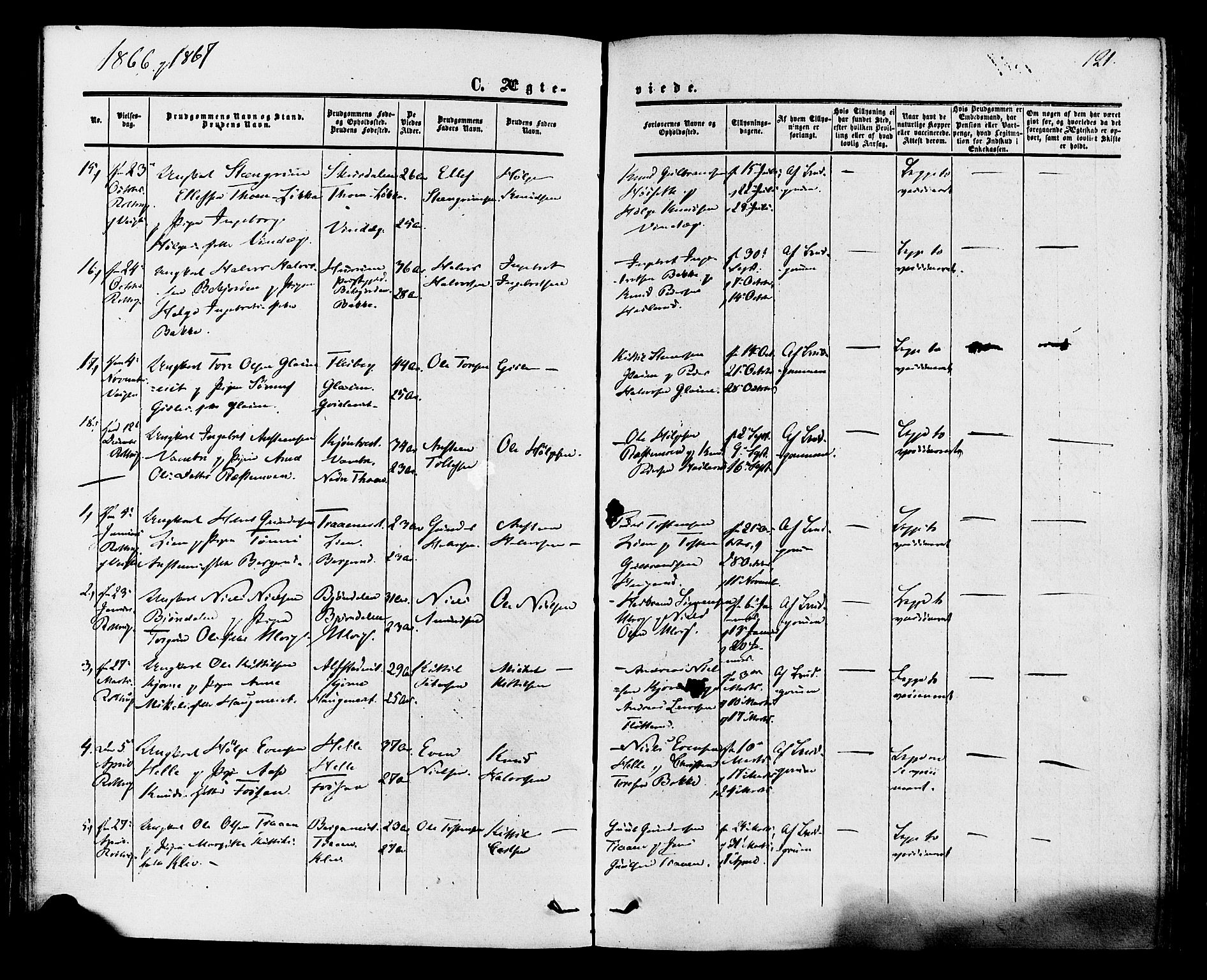 Rollag kirkebøker, AV/SAKO-A-240/F/Fa/L0009: Parish register (official) no. I 9, 1860-1874, p. 121