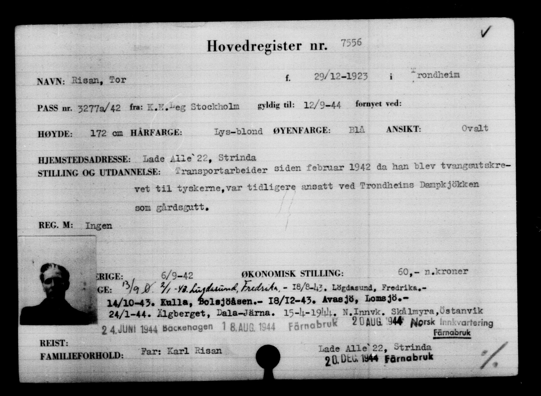 Utenriksstasjonene, Legasjonen i Stockholm, Flyktningkontoret, AV/RA-S-6753/V/Va/L0005: Kjesäterkartoteket, flyktninger med registreringsnr. 6600-9417, 1940-1945, p. 1114