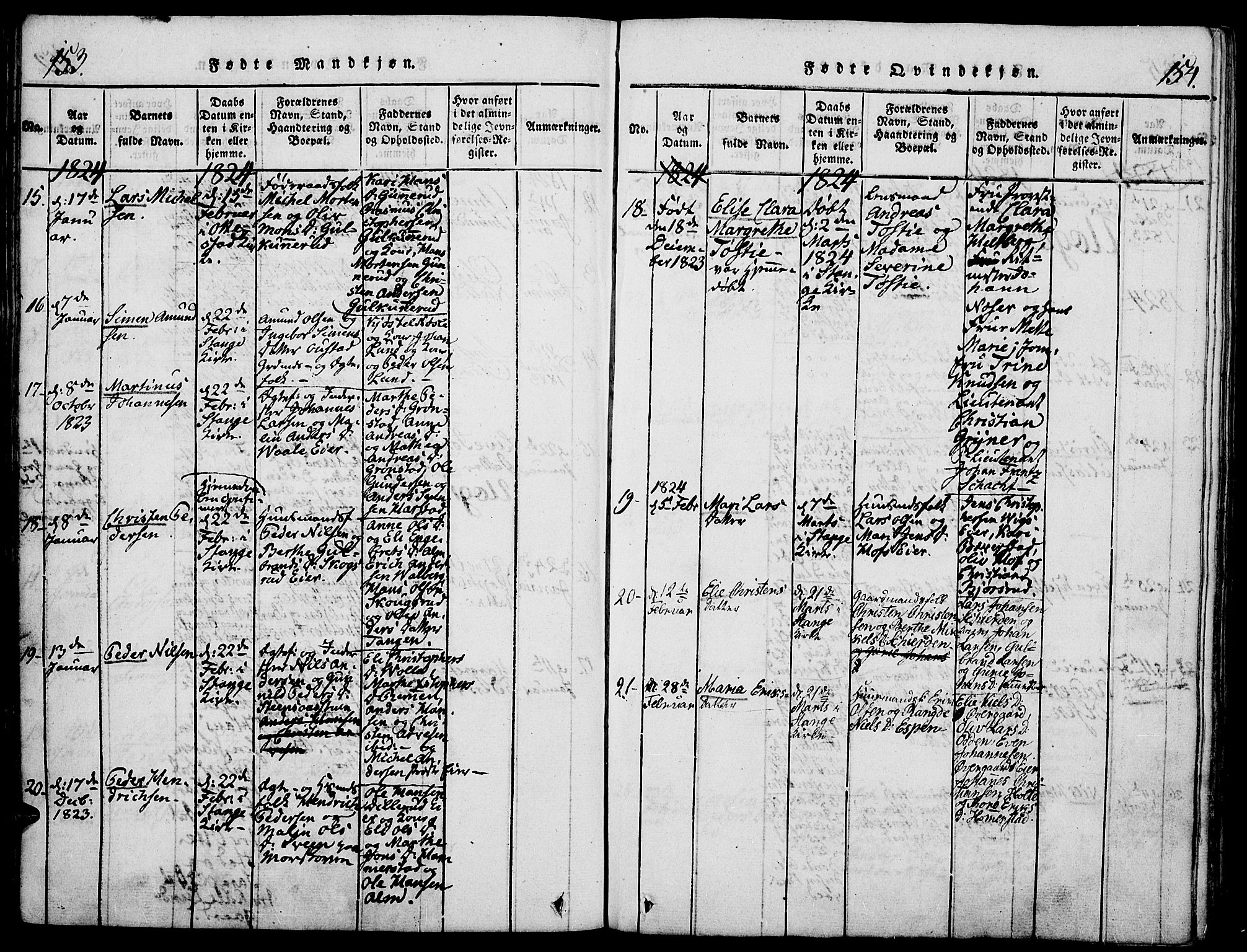 Stange prestekontor, SAH/PREST-002/K/L0008: Parish register (official) no. 8, 1814-1825, p. 153-154