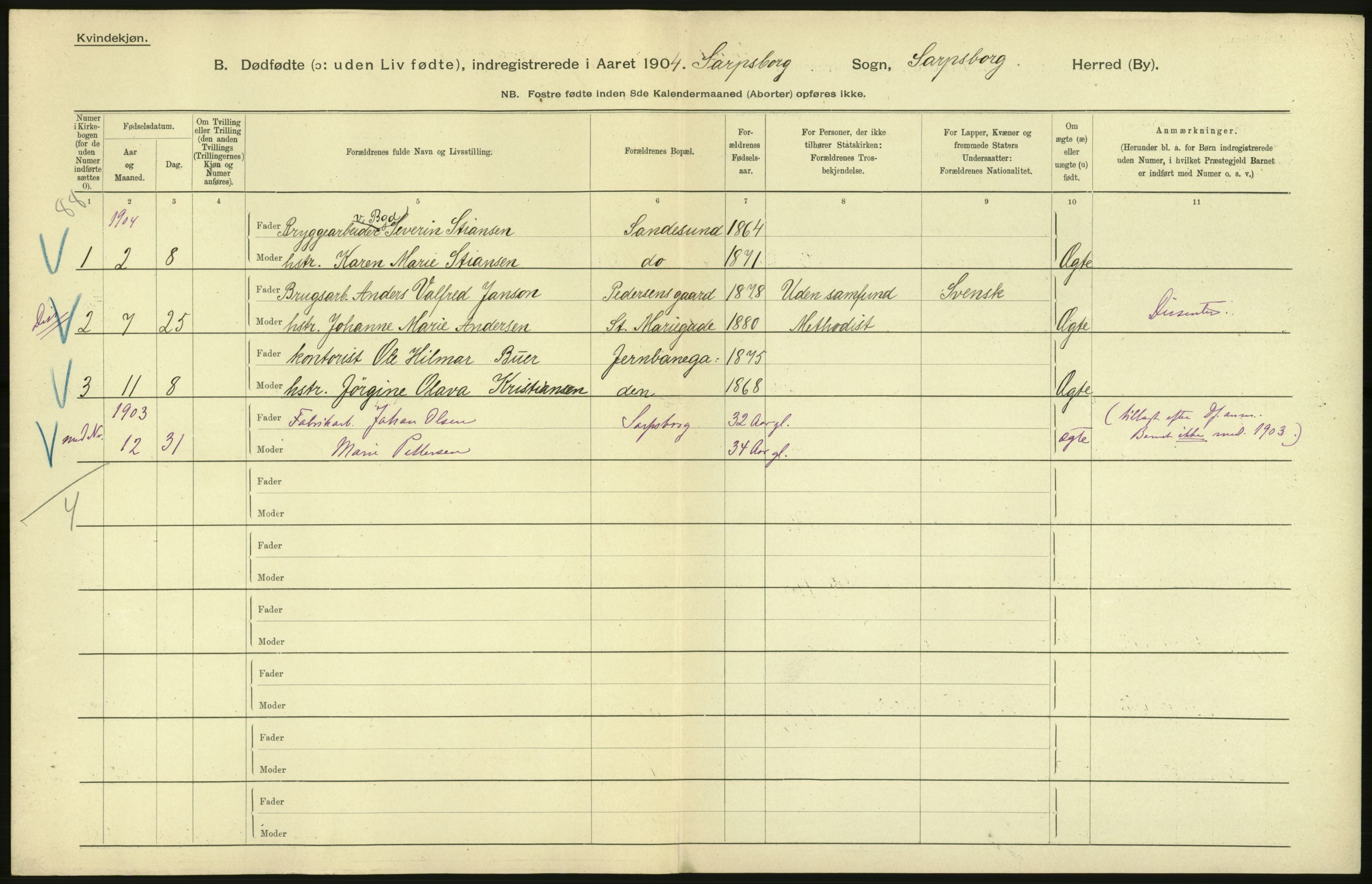 Statistisk sentralbyrå, Sosiodemografiske emner, Befolkning, RA/S-2228/D/Df/Dfa/Dfab/L0027: Smålenes amt - Finnmarkens amt: Dødfødte. Byer, 1904, p. 20