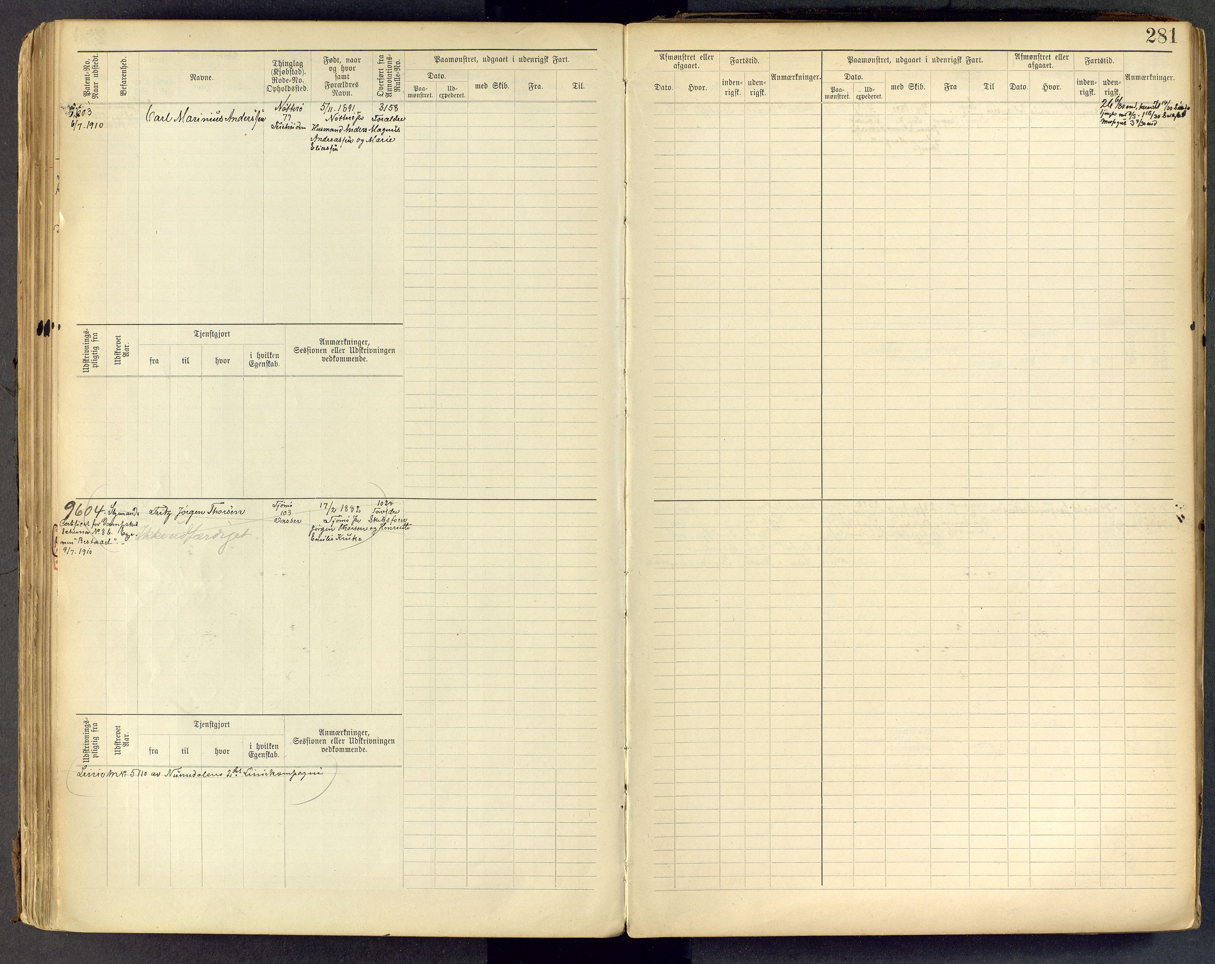 Tønsberg innrulleringskontor, AV/SAKO-A-786/F/Fc/Fcb/L0009: Hovedrulle Patent nr. 9043-9992, 1900-1921, p. 281