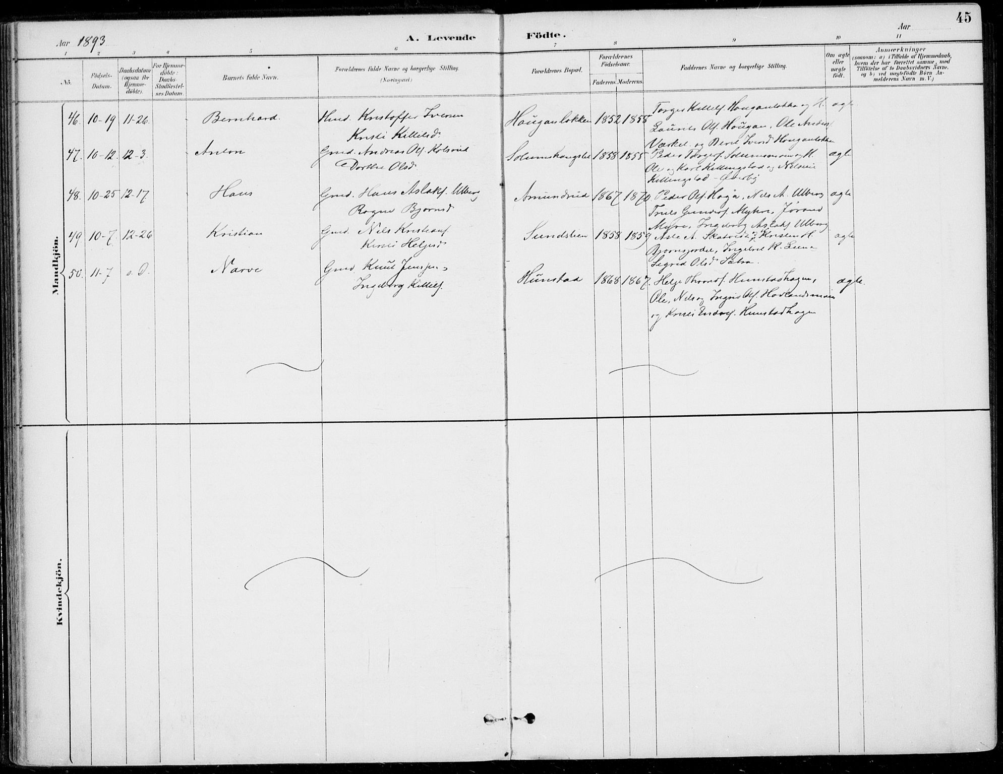 Sigdal kirkebøker, AV/SAKO-A-245/F/Fb/L0001: Parish register (official) no. II 1, 1888-1900, p. 45