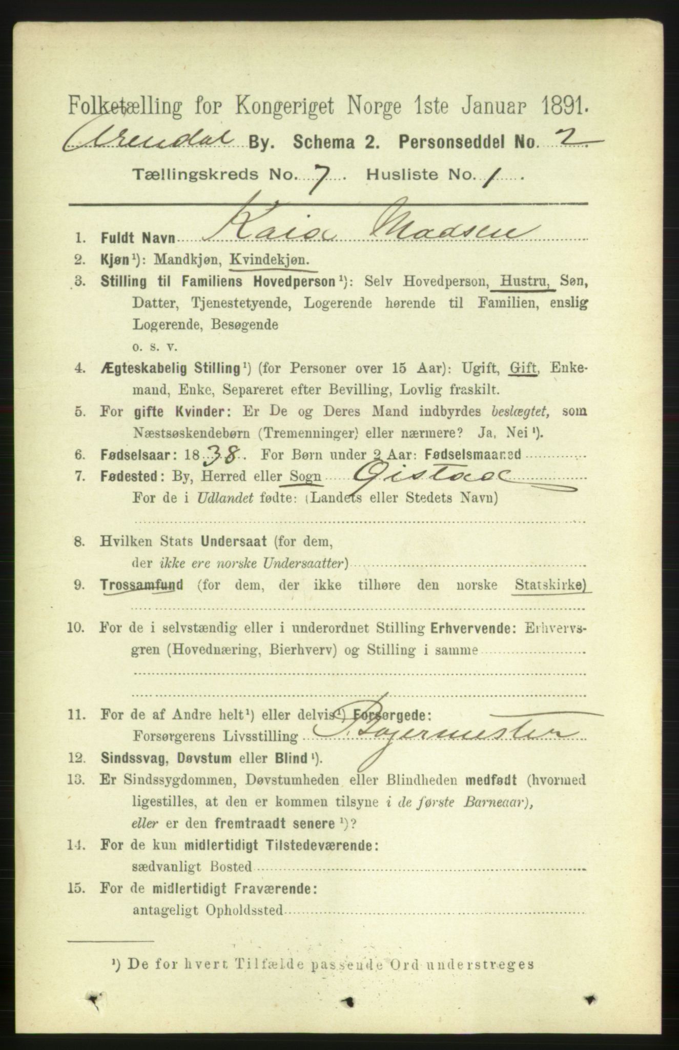 RA, 1891 census for 0903 Arendal, 1891, p. 2529