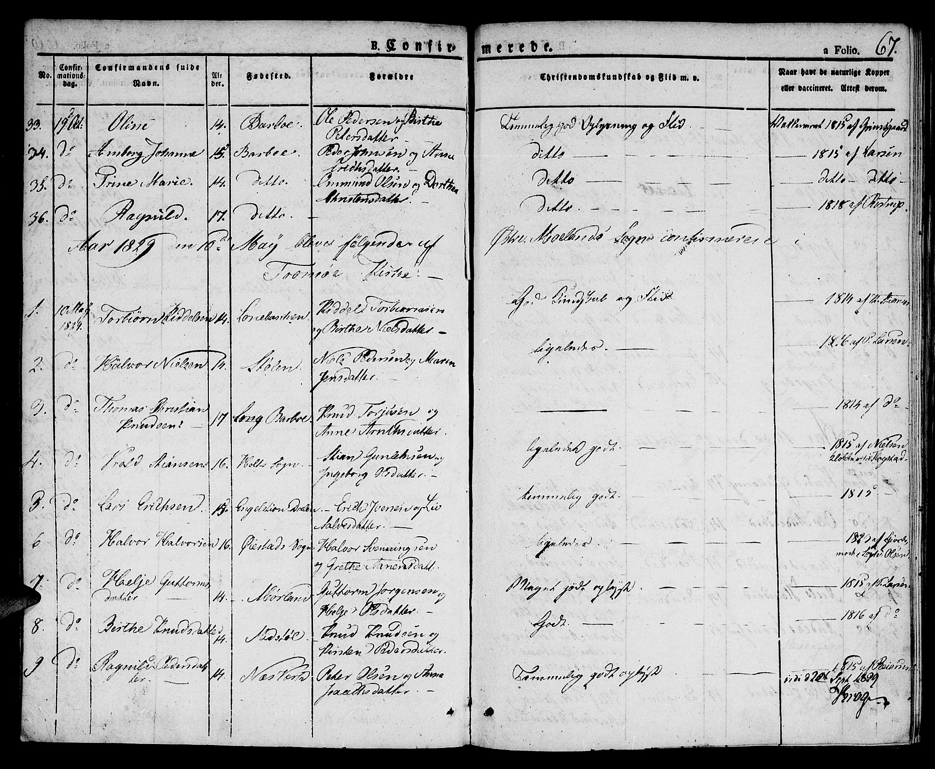 Austre Moland sokneprestkontor, SAK/1111-0001/F/Fa/Faa/L0005: Parish register (official) no. A 5, 1825-1837, p. 67