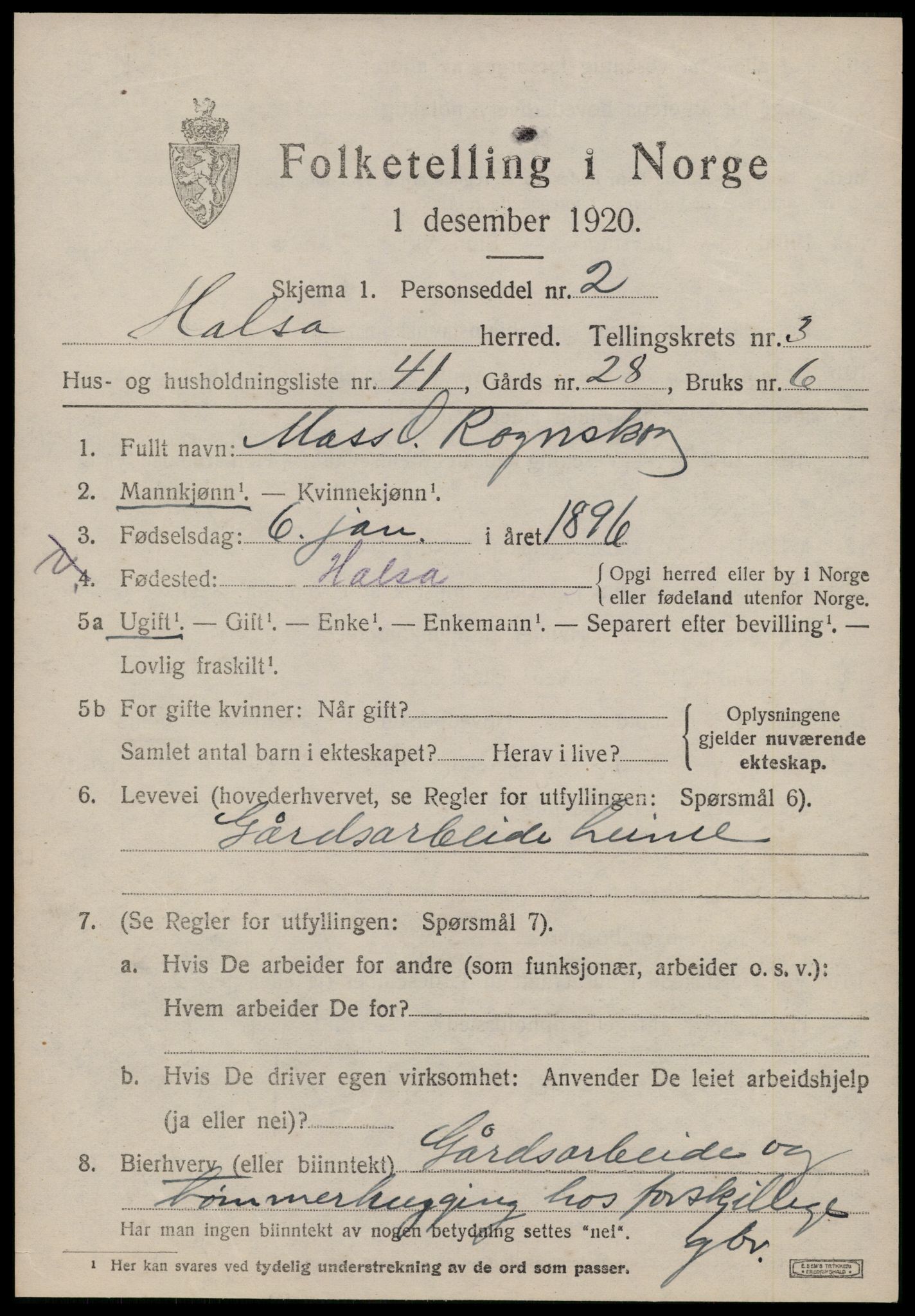 SAT, 1920 census for Halsa, 1920, p. 1617