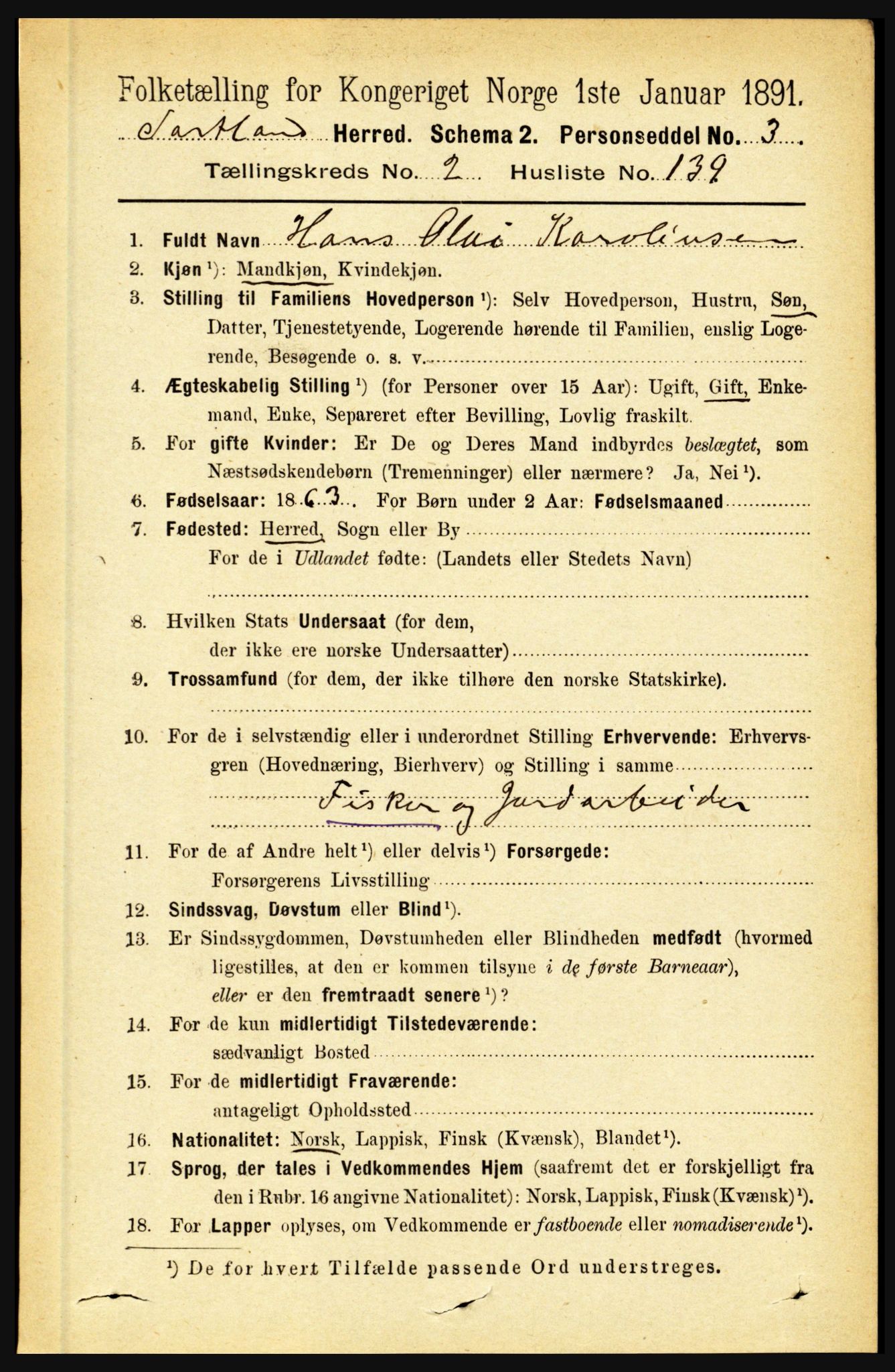 RA, 1891 census for 1870 Sortland, 1891, p. 2056