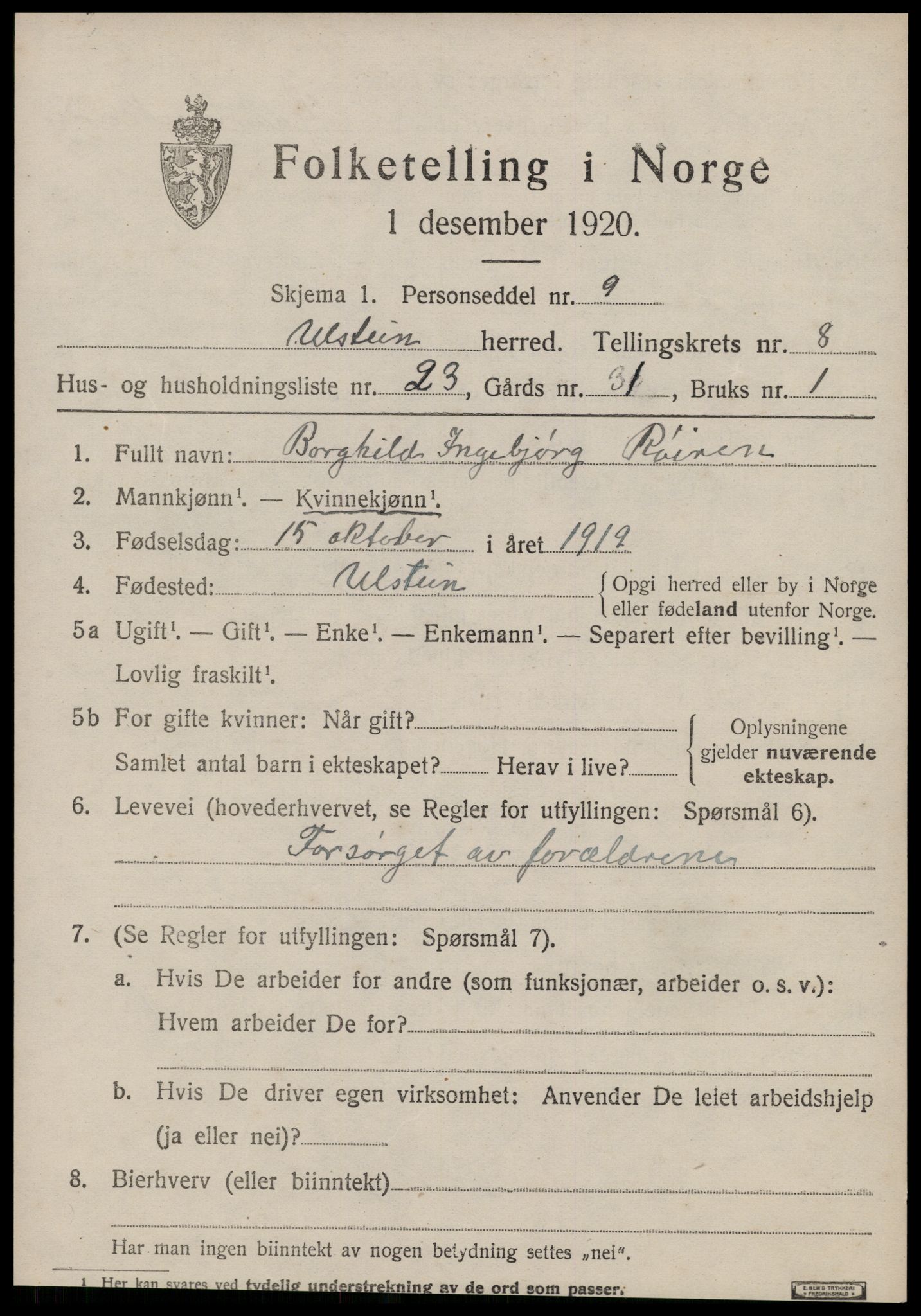 SAT, 1920 census for Ulstein, 1920, p. 4968