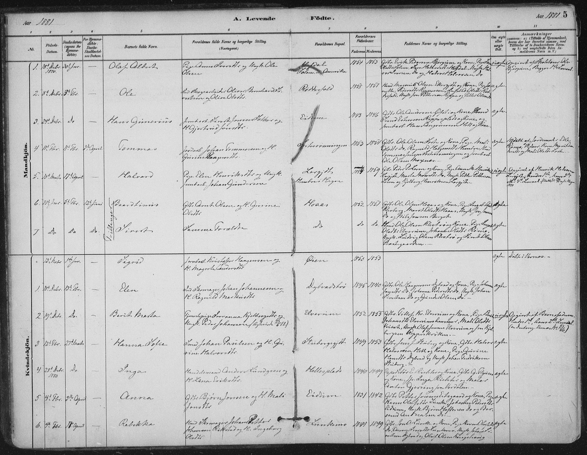 Ministerialprotokoller, klokkerbøker og fødselsregistre - Nord-Trøndelag, SAT/A-1458/710/L0095: Parish register (official) no. 710A01, 1880-1914, p. 5