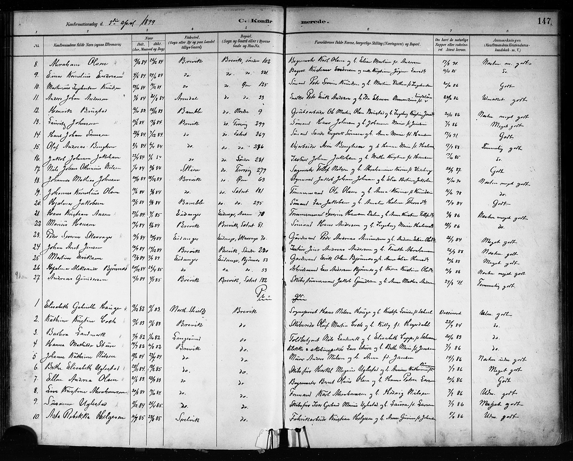 Brevik kirkebøker, SAKO/A-255/F/Fa/L0007: Parish register (official) no. 7, 1882-1900, p. 147
