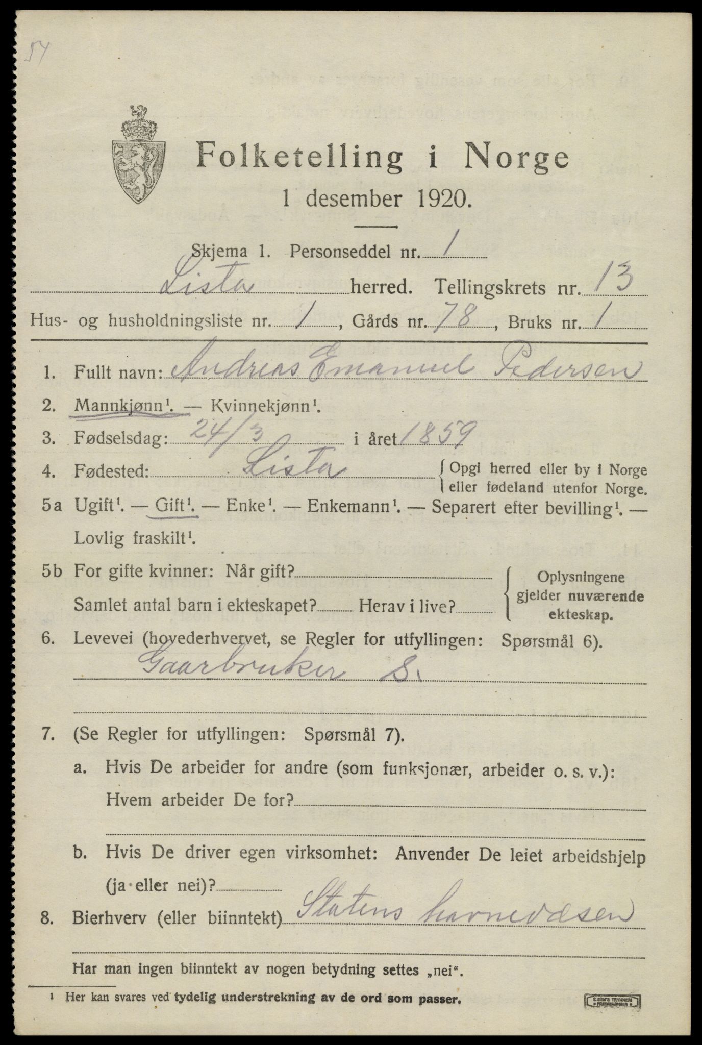 SAK, 1920 census for Lista, 1920, p. 11797