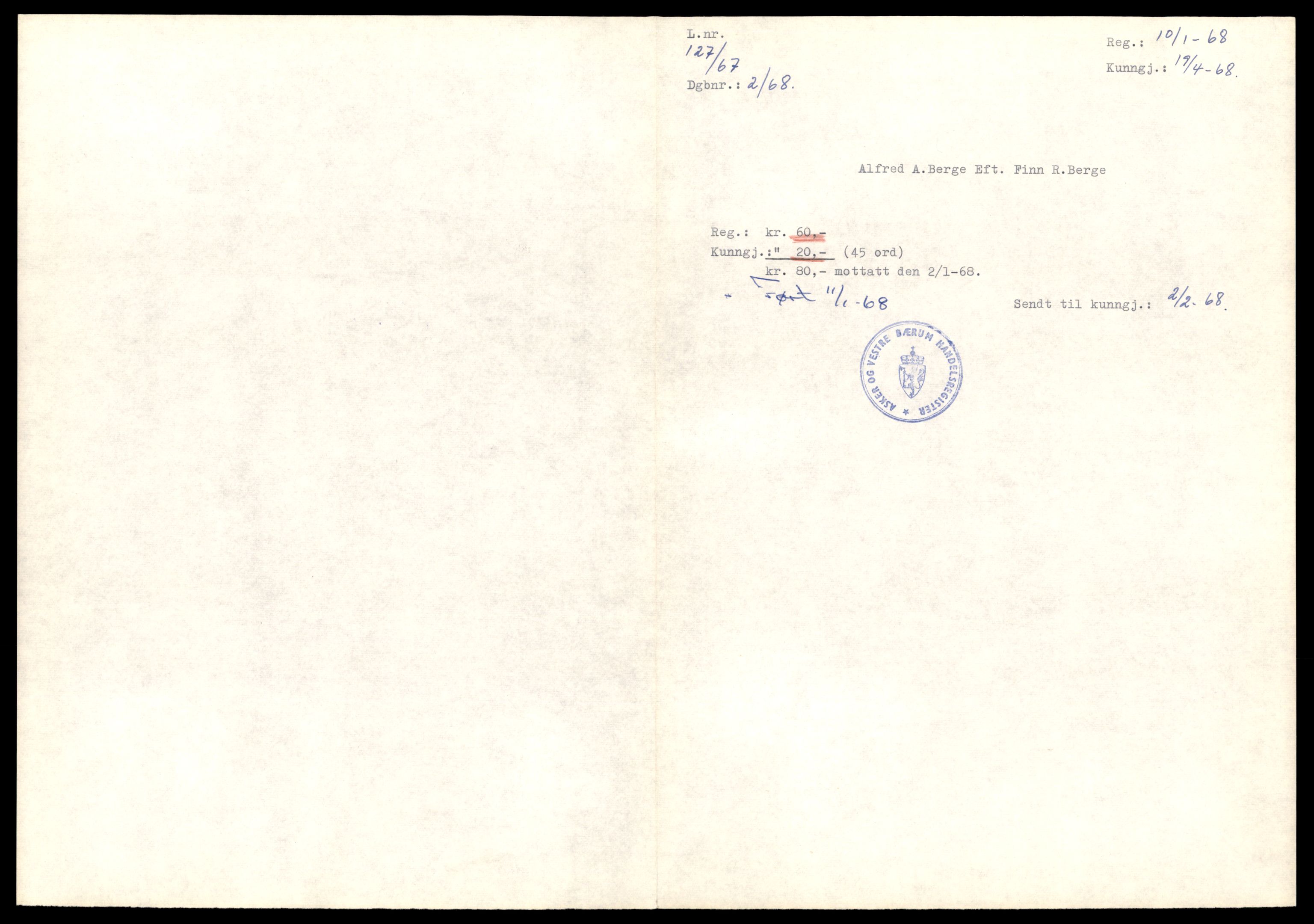 Asker og Bærum tingrett, SAT/A-10379/K/Kb/Kba/L0094: Enkeltmannsforetak, aksjeselskap og andelslag i Asker og Vestre Bærum 1/1968 - 173/1969, 1968-1969, p. 5