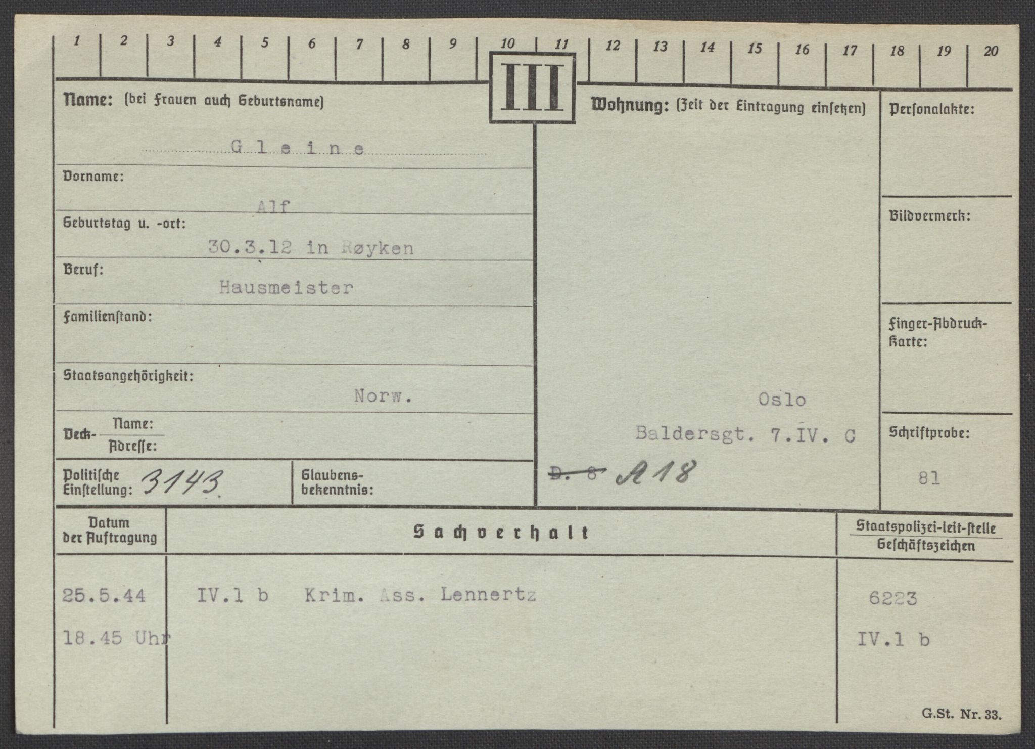 Befehlshaber der Sicherheitspolizei und des SD, AV/RA-RAFA-5969/E/Ea/Eaa/L0003: Register over norske fanger i Møllergata 19: Eng-Hag, 1940-1945, p. 869