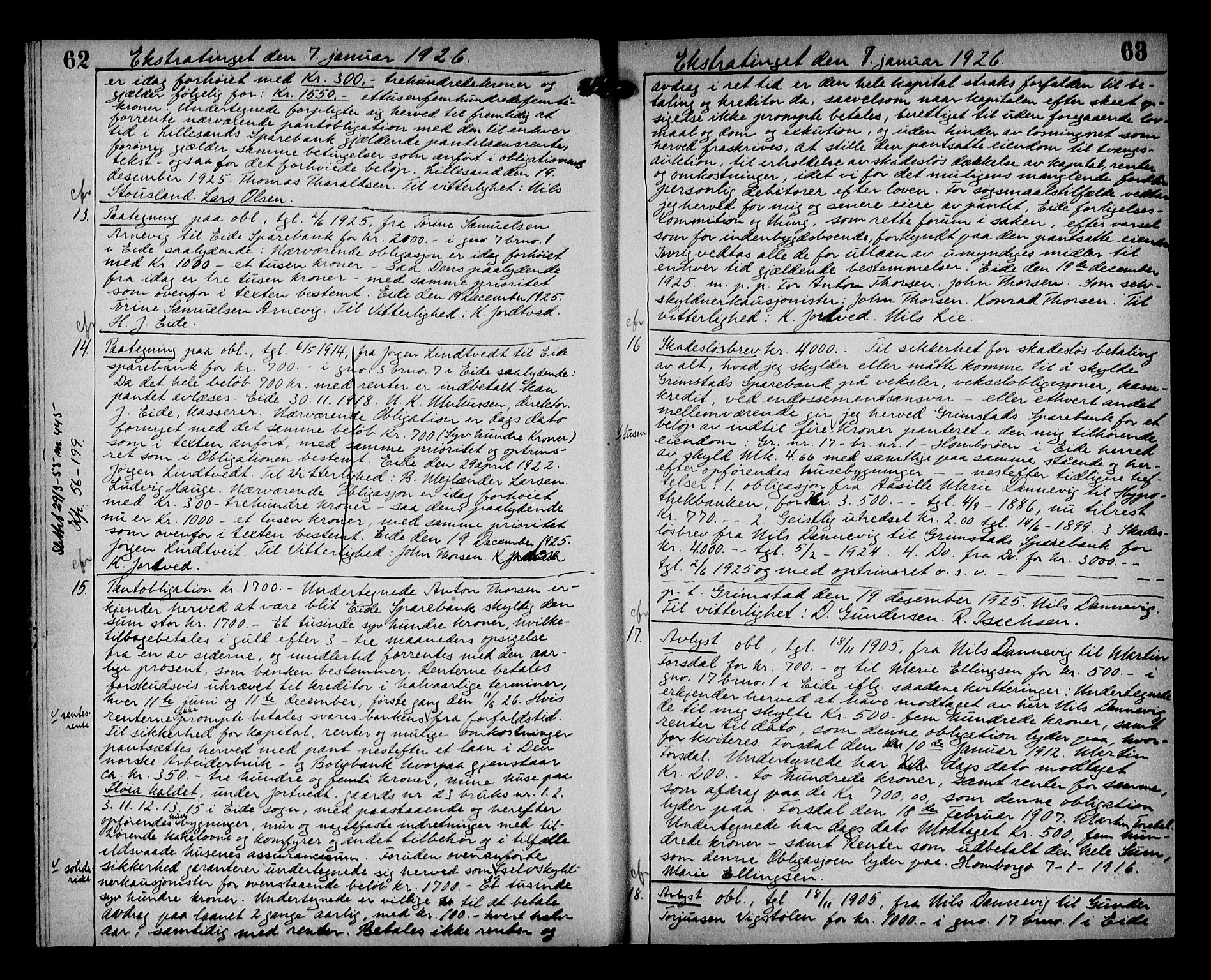 Vestre Nedenes/Sand sorenskriveri, AV/SAK-1221-0010/G/Gb/Gba/L0035: Mortgage book no. 61, 1925-1929, p. 62-63