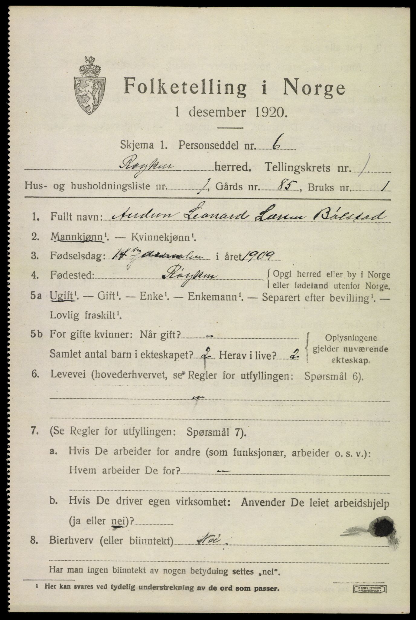 SAKO, 1920 census for Røyken, 1920, p. 1840