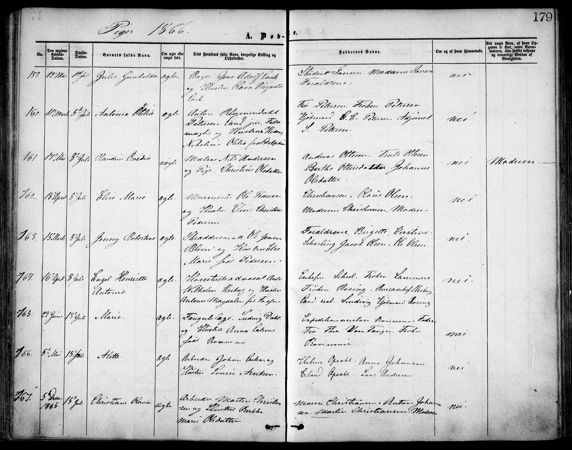 Oslo domkirke Kirkebøker, SAO/A-10752/F/Fa/L0016: Parish register (official) no. 16, 1863-1871, p. 179