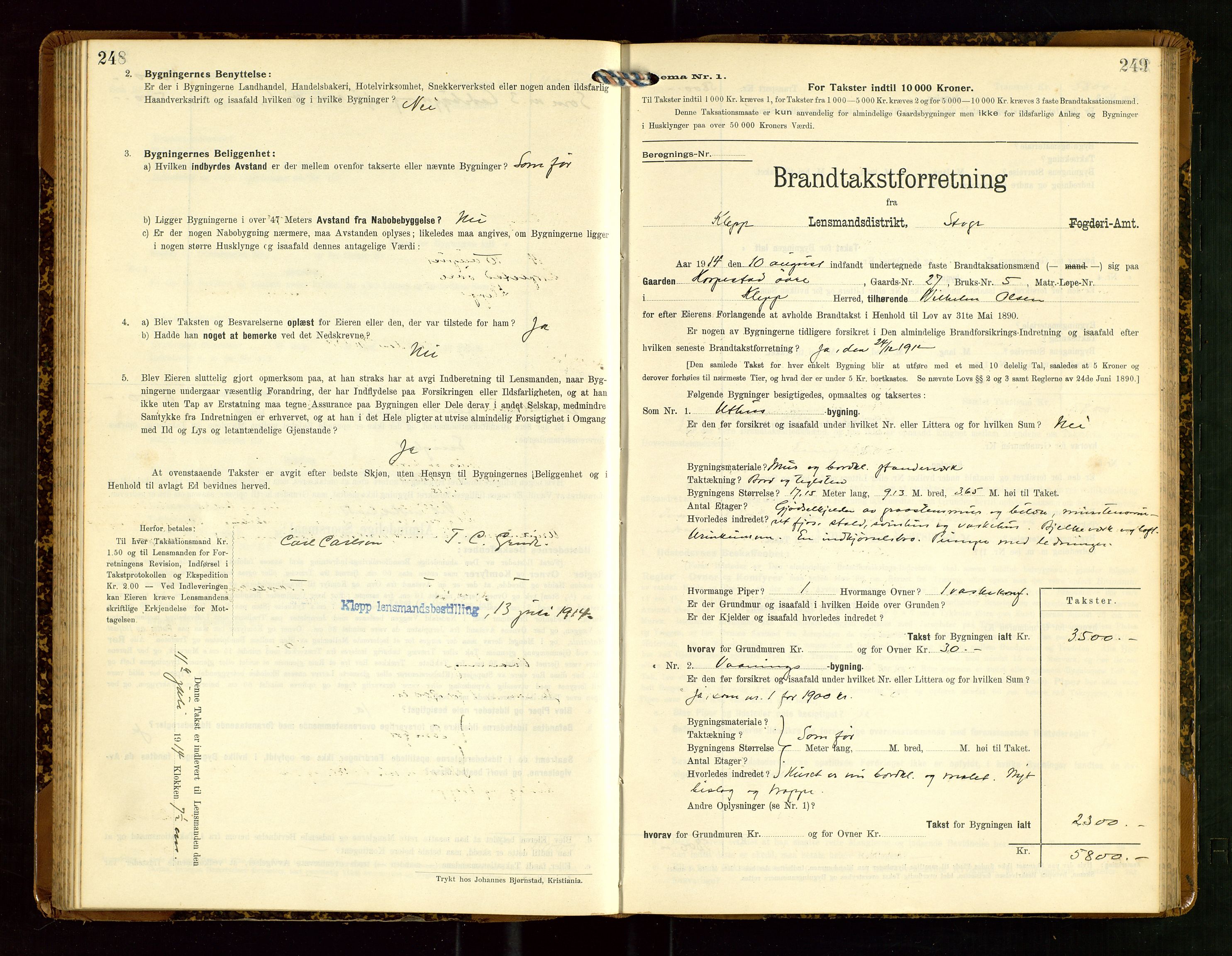 Klepp lensmannskontor, AV/SAST-A-100163/Goc/L0007: "Brandtaxationsprotokol" m/register, 1911-1915, p. 248-249