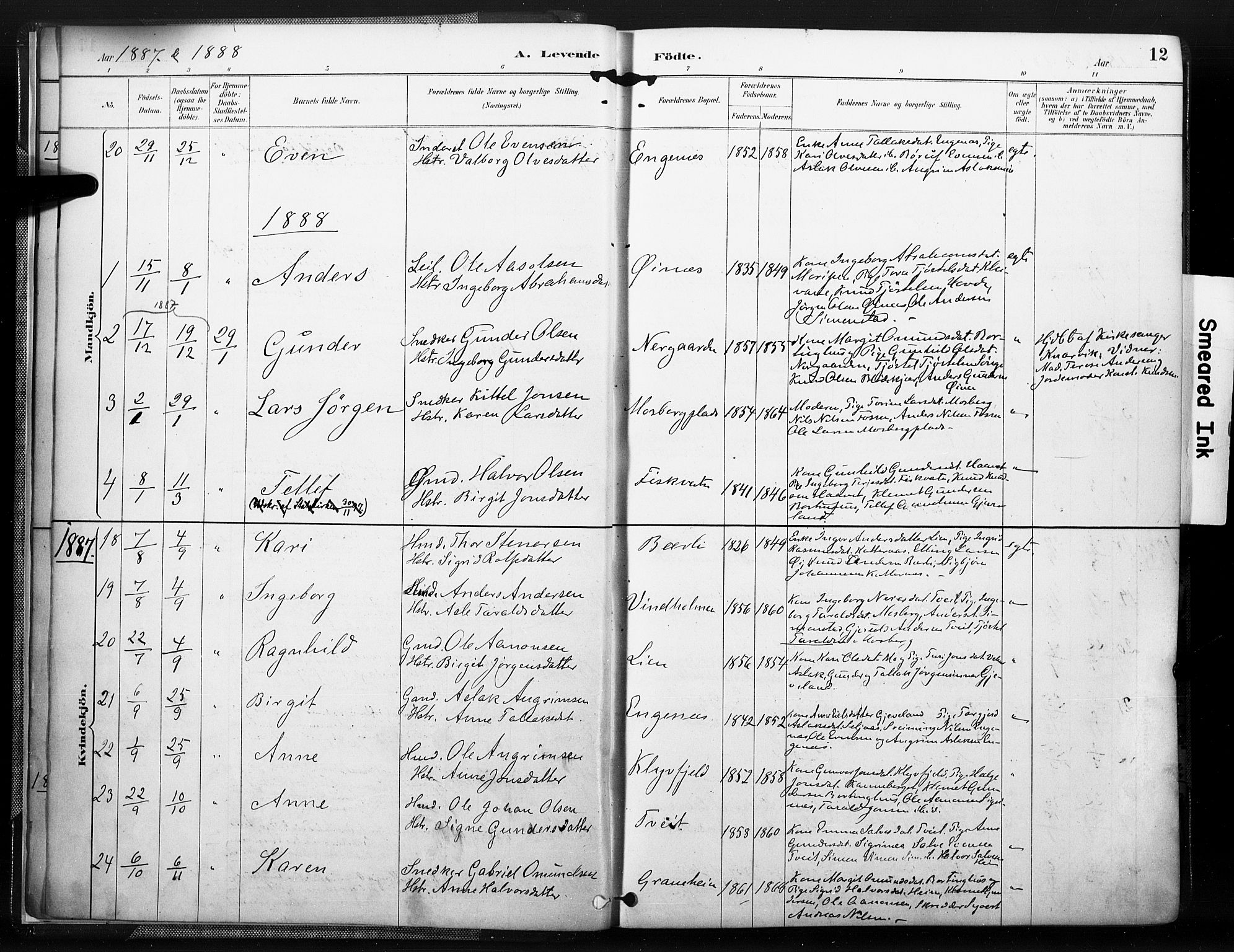 Åmli sokneprestkontor, SAK/1111-0050/F/Fa/Fac/L0010: Parish register (official) no. A 10 /1, 1885-1899, p. 12