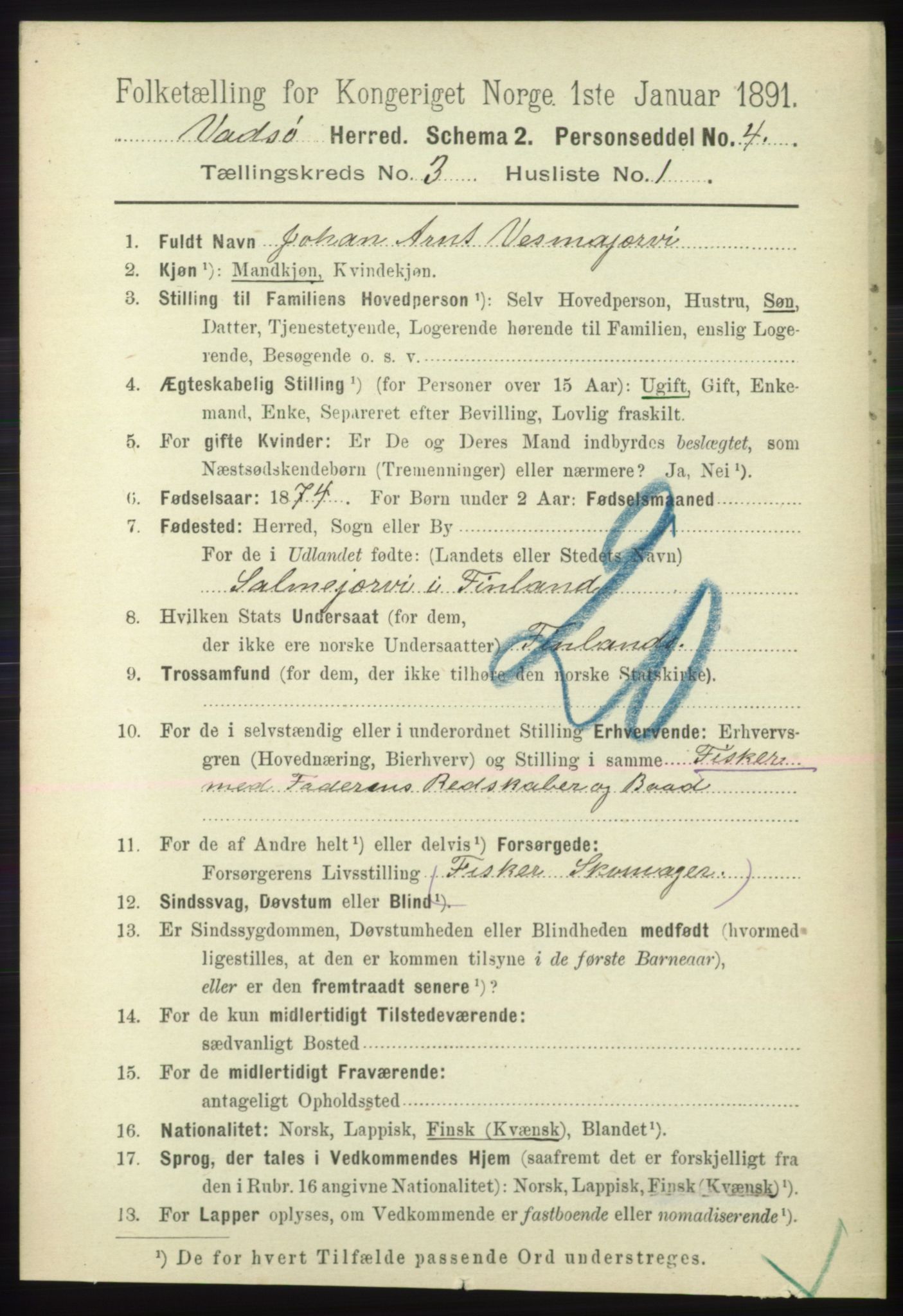 RA, 1891 census for 2029 Vadsø, 1891, p. 826