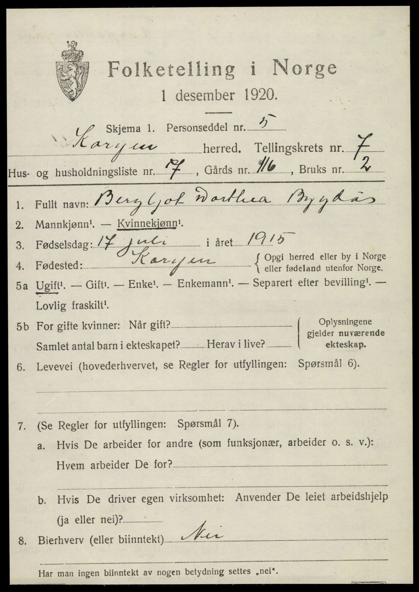 SAT, 1920 census for Korgen, 1920, p. 2862