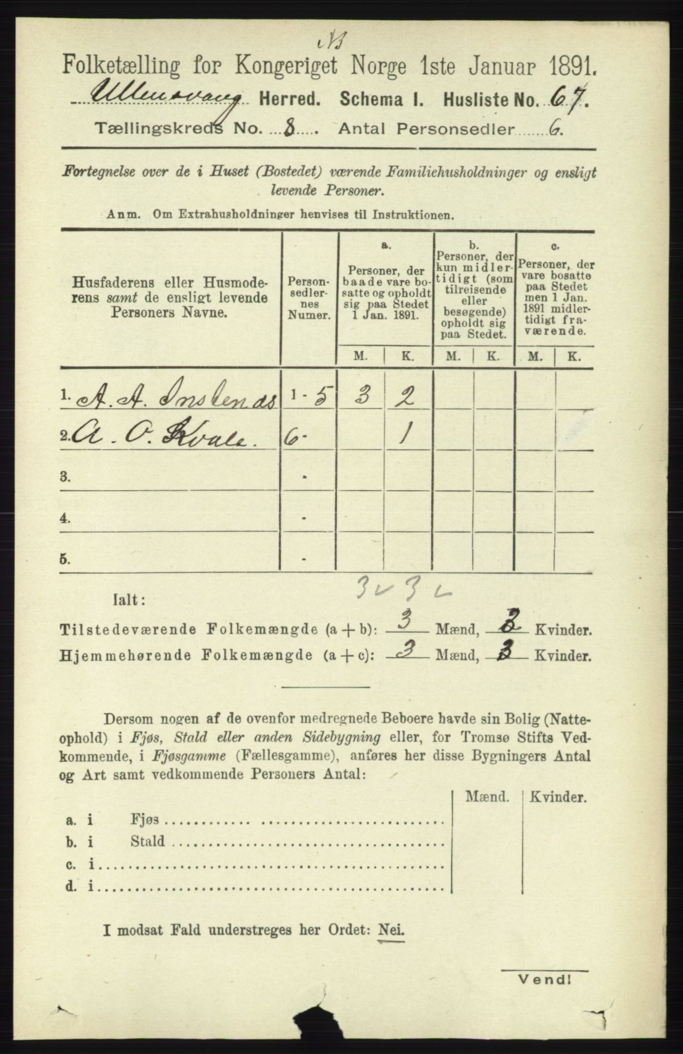 RA, 1891 census for 1230 Ullensvang, 1891, p. 2710