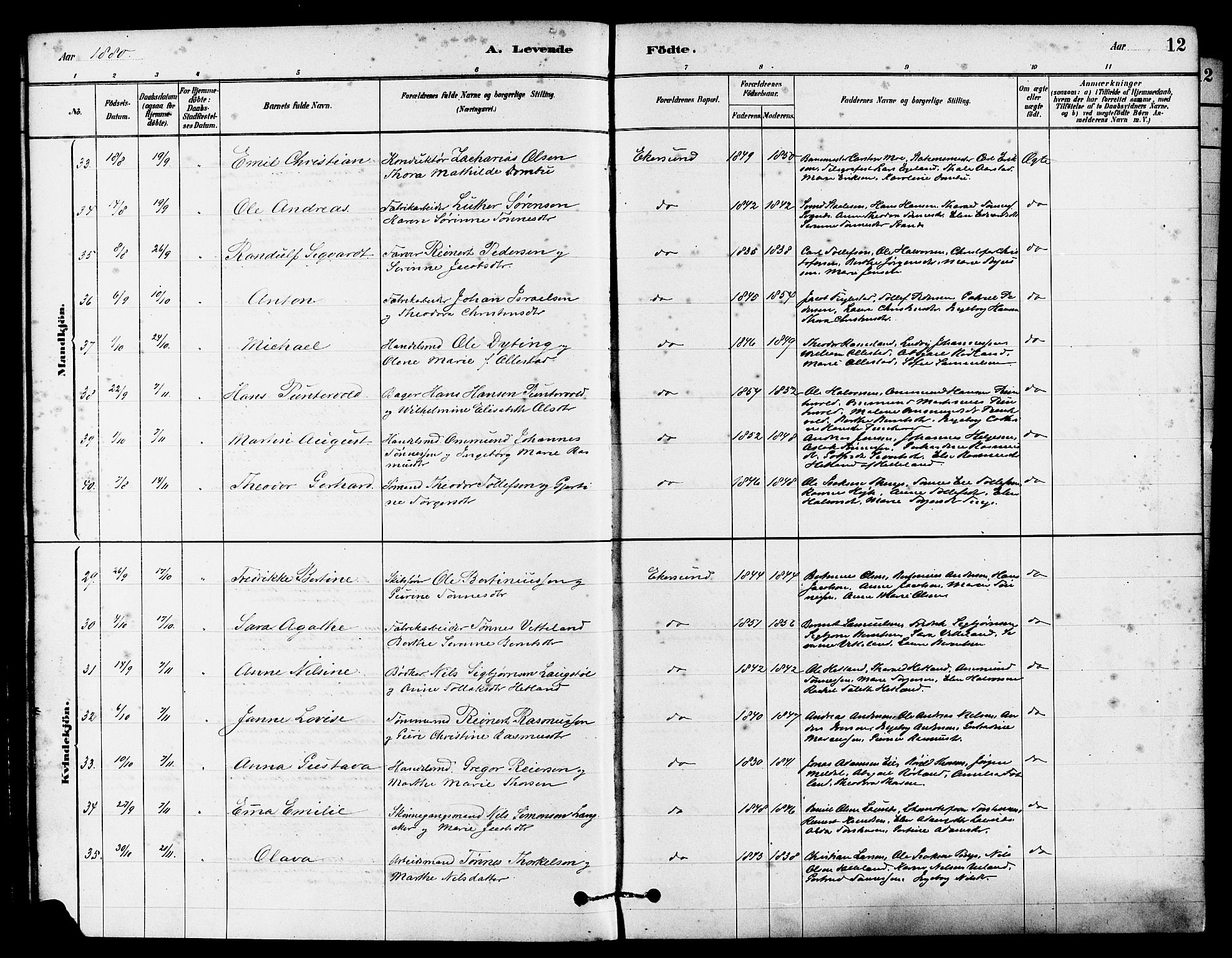 Eigersund sokneprestkontor, AV/SAST-A-101807/S08/L0015: Parish register (official) no. A 15, 1879-1892, p. 12