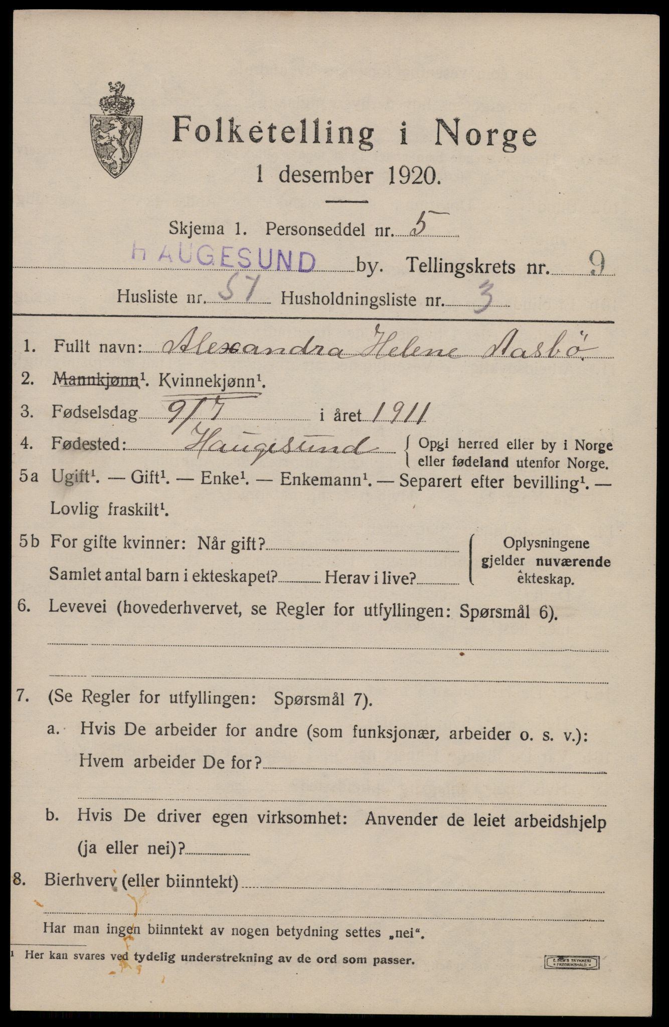 SAST, 1920 census for Haugesund, 1920, p. 33073