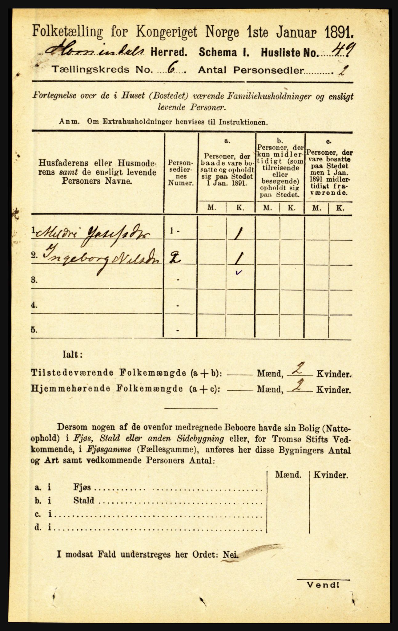 RA, 1891 census for 1444 Hornindal, 1891, p. 1396