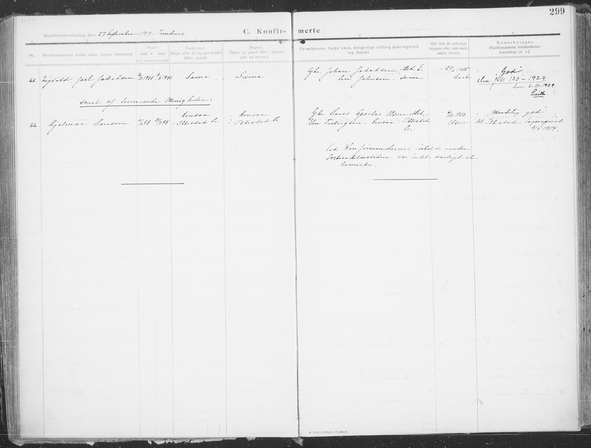 Trondenes sokneprestkontor, AV/SATØ-S-1319/H/Ha/L0018kirke: Parish register (official) no. 18, 1909-1918, p. 299