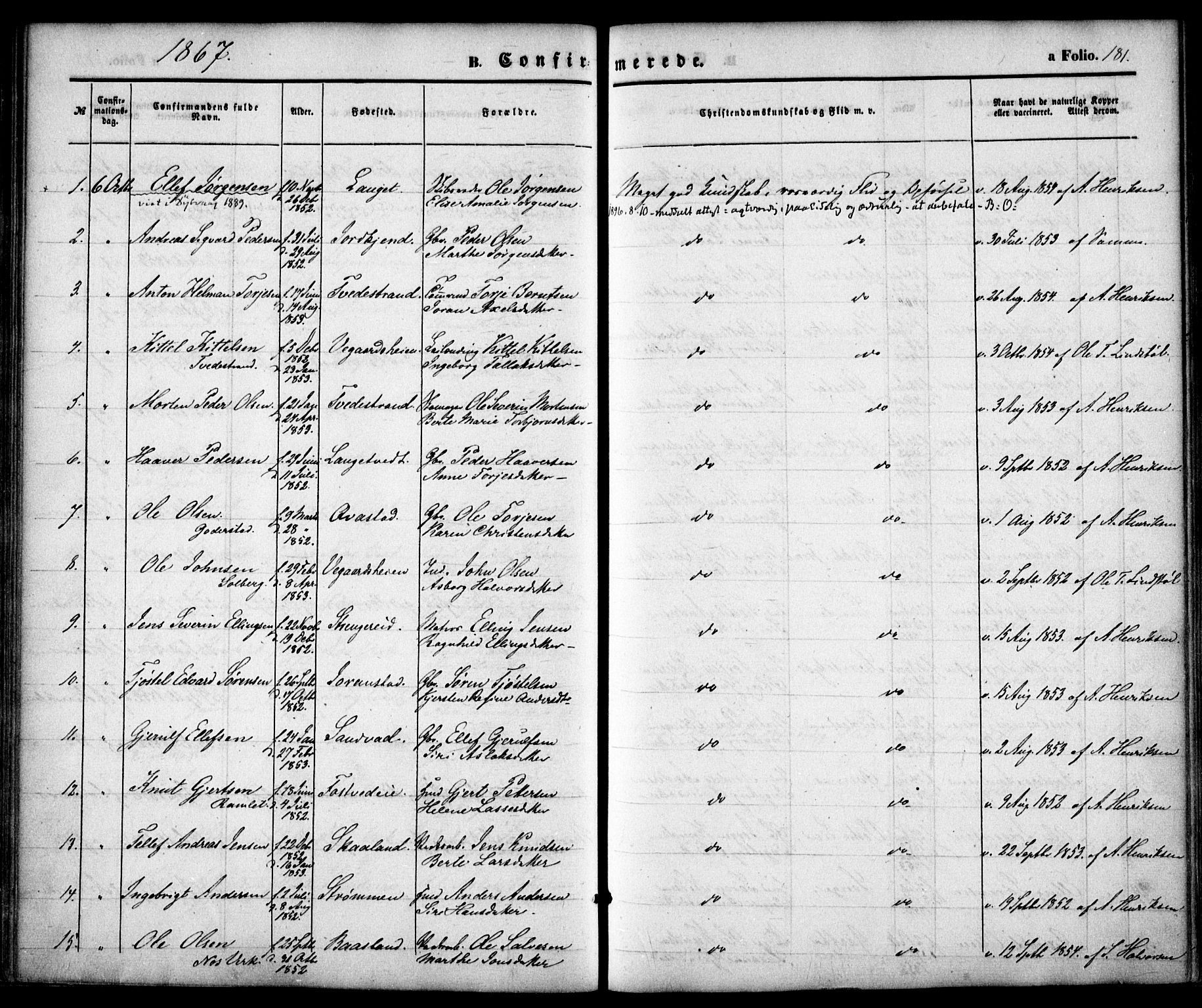 Holt sokneprestkontor, AV/SAK-1111-0021/F/Fa/L0009: Parish register (official) no. A 9, 1861-1871, p. 181