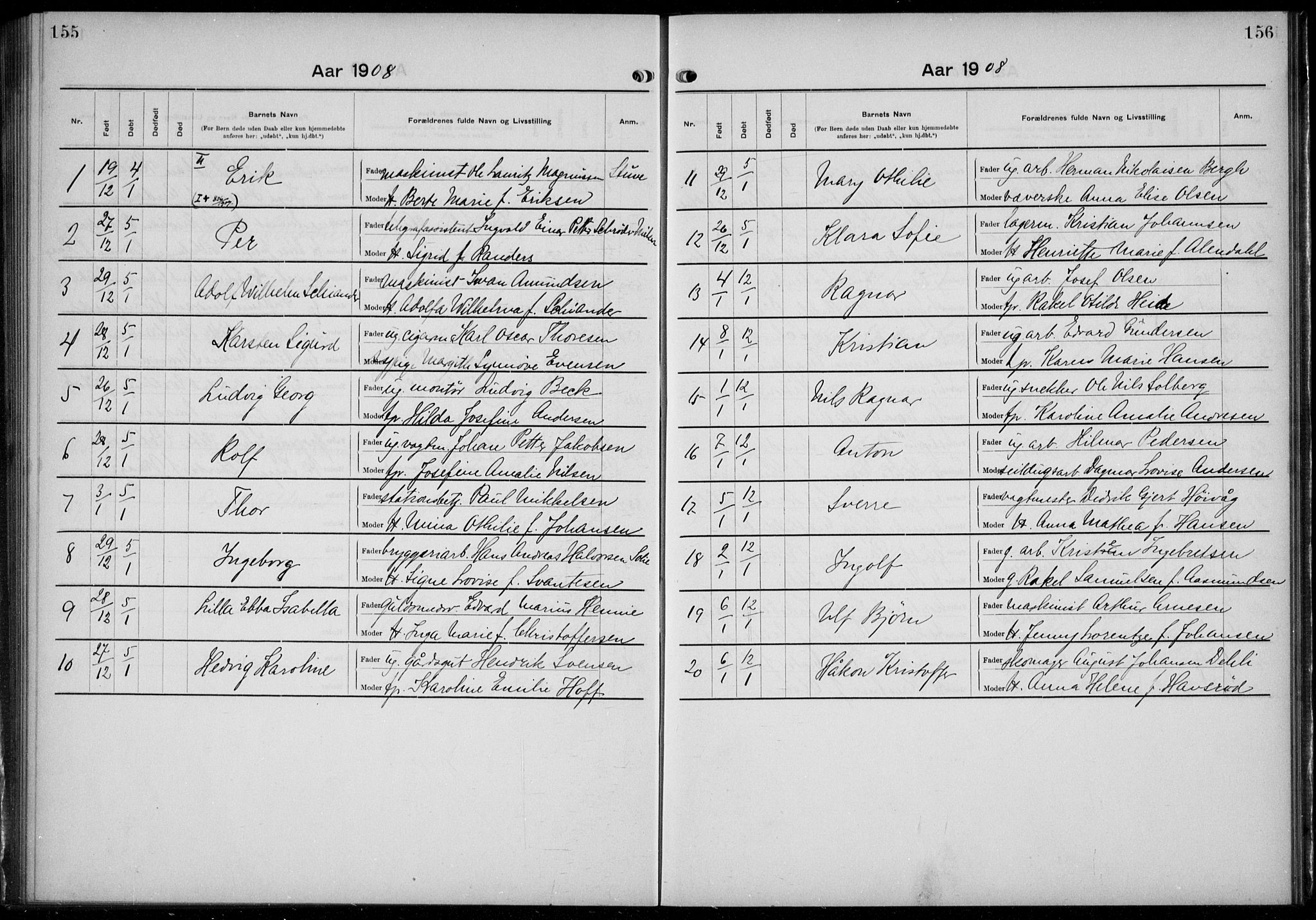 Rikshospitalet prestekontor Kirkebøker, AV/SAO-A-10309b/K/L0006/0002: Baptism register no. 6.2, 1906-1908, p. 155-156