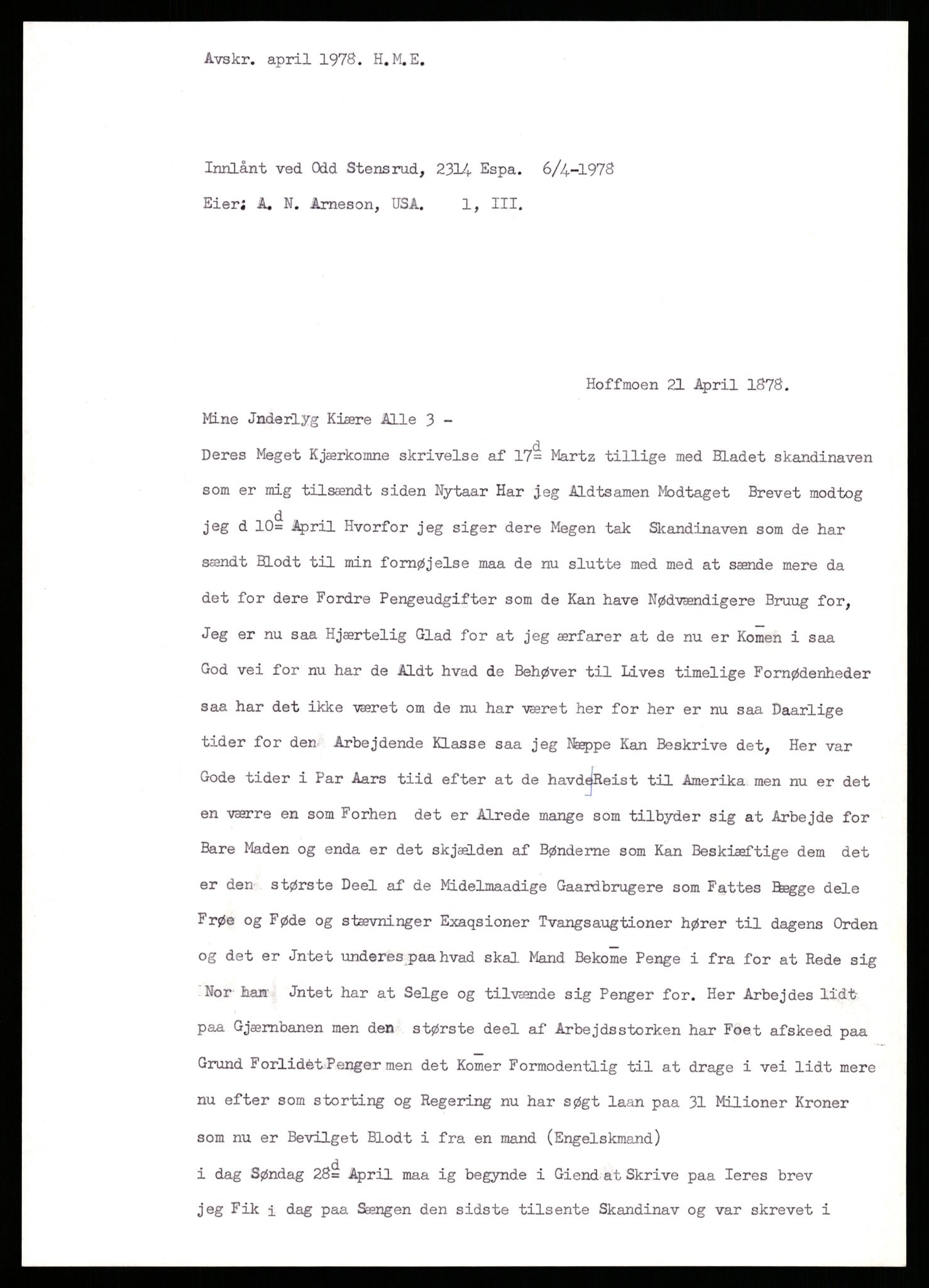 Samlinger til kildeutgivelse, Amerikabrevene, AV/RA-EA-4057/F/L0009: Innlån fra Hedmark: Statsarkivet i Hamar - Wærenskjold, 1838-1914, p. 718